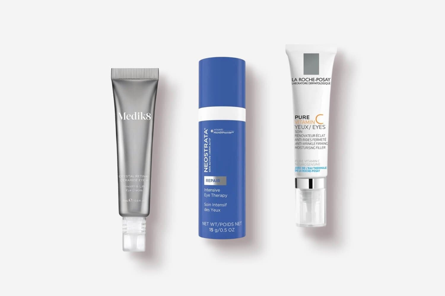 Medik8 Crystal Retinal Ceramide Eye, NeoStrata Repair Intensive Eye Therapy and La Roche-Posay Pure Vitamin C Eyes on grey Medik8 Crystal Retinal Ceramide Eye, NeoStrata Repair Intensive Eye Therapy and La Roche-Posay Pure Vitamin C Eyes on grey