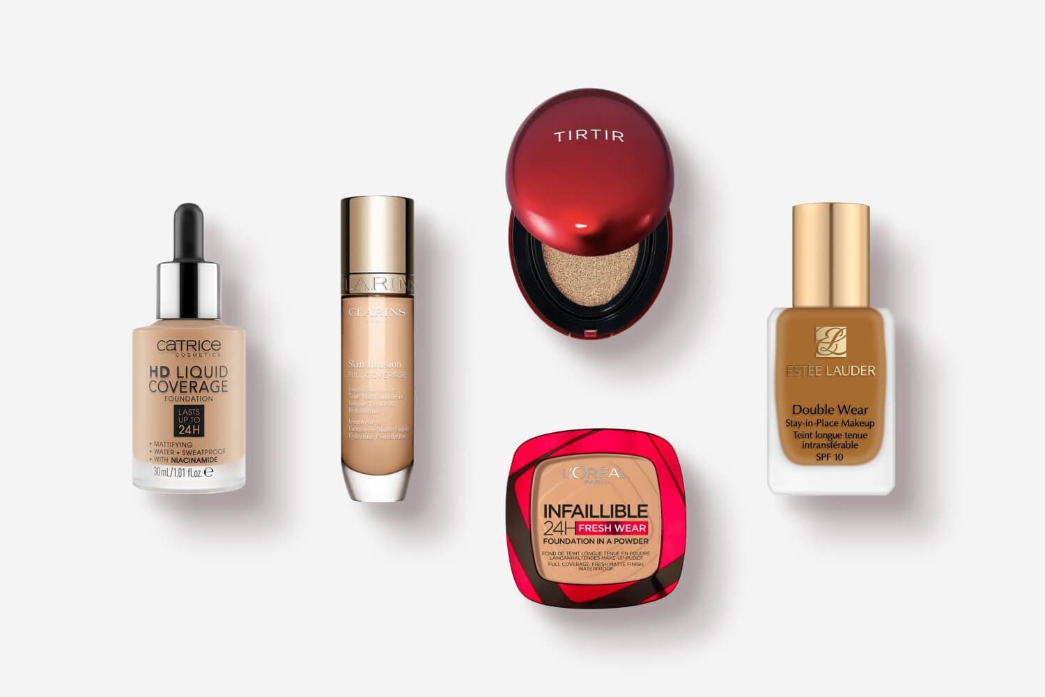 Catrice HD Liquid Coverage, Clarins Skin Illusion, TIRTIR cushion, L'Oréal Infaillible 24H Fresh Wear powder and Estée Lauder Double Wear Catrice HD Liquid Coverage, Clarins Skin Illusion, TIRTIR cushion, L'Oréal Infaillible 24H Fresh Wear powder and Estée Lauder Double Wear