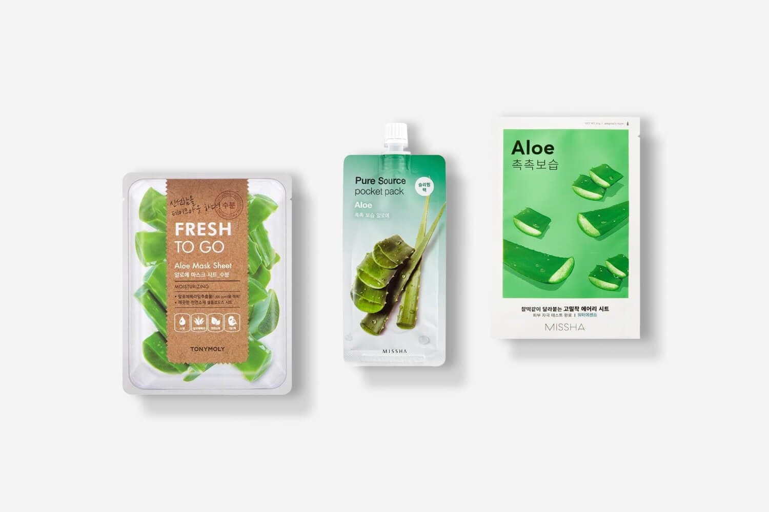 TONYMOLY Fresh To Go Aloe Mask Sheet, Missha Pure Source Pocket Pack Aloe and Missha Airy Fit Aloe sheet mask on white TONYMOLY Fresh To Go Aloe Mask Sheet, Missha Pure Source Pocket Pack Aloe and Missha Airy Fit Aloe sheet mask on white