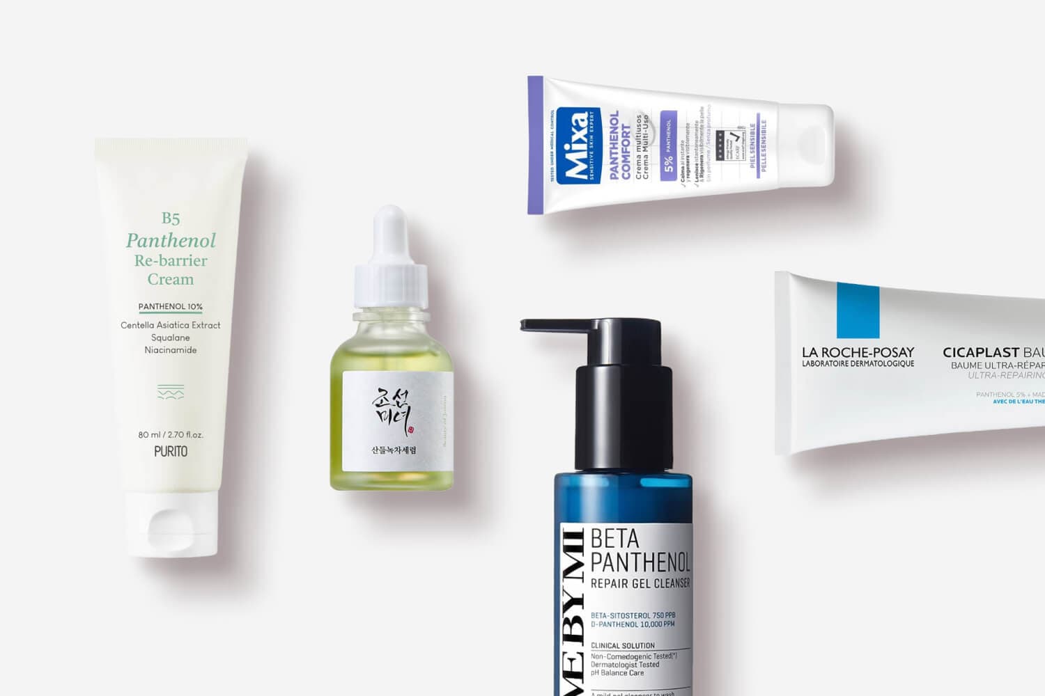 Purito B5 Panthenol Re-barrier Cream, Beauty of Joseon serum, Mixa Panthenol Comfort, Me By Mi Beta Panthenol cleanser and La Roche-Posay Cicaplast Baume Purito B5 Panthenol Re-barrier Cream, Beauty of Joseon serum, Mixa Panthenol Comfort, Me By Mi Beta Panthenol cleanser and La Roche-Posay Cicaplast Baume