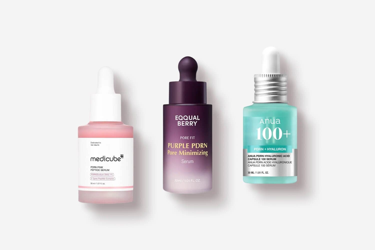 Medicube PDRN Pink Peptide Serum, Eqqualberry Pore Fit Purple PDRN Serum and Anua PDRN Hyaluronic Acid Capsule 100 Serum in a row. Medicube PDRN Pink Peptide Serum, Eqqualberry Pore Fit Purple PDRN Serum and Anua PDRN Hyaluronic Acid Capsule 100 Serum in a row.
