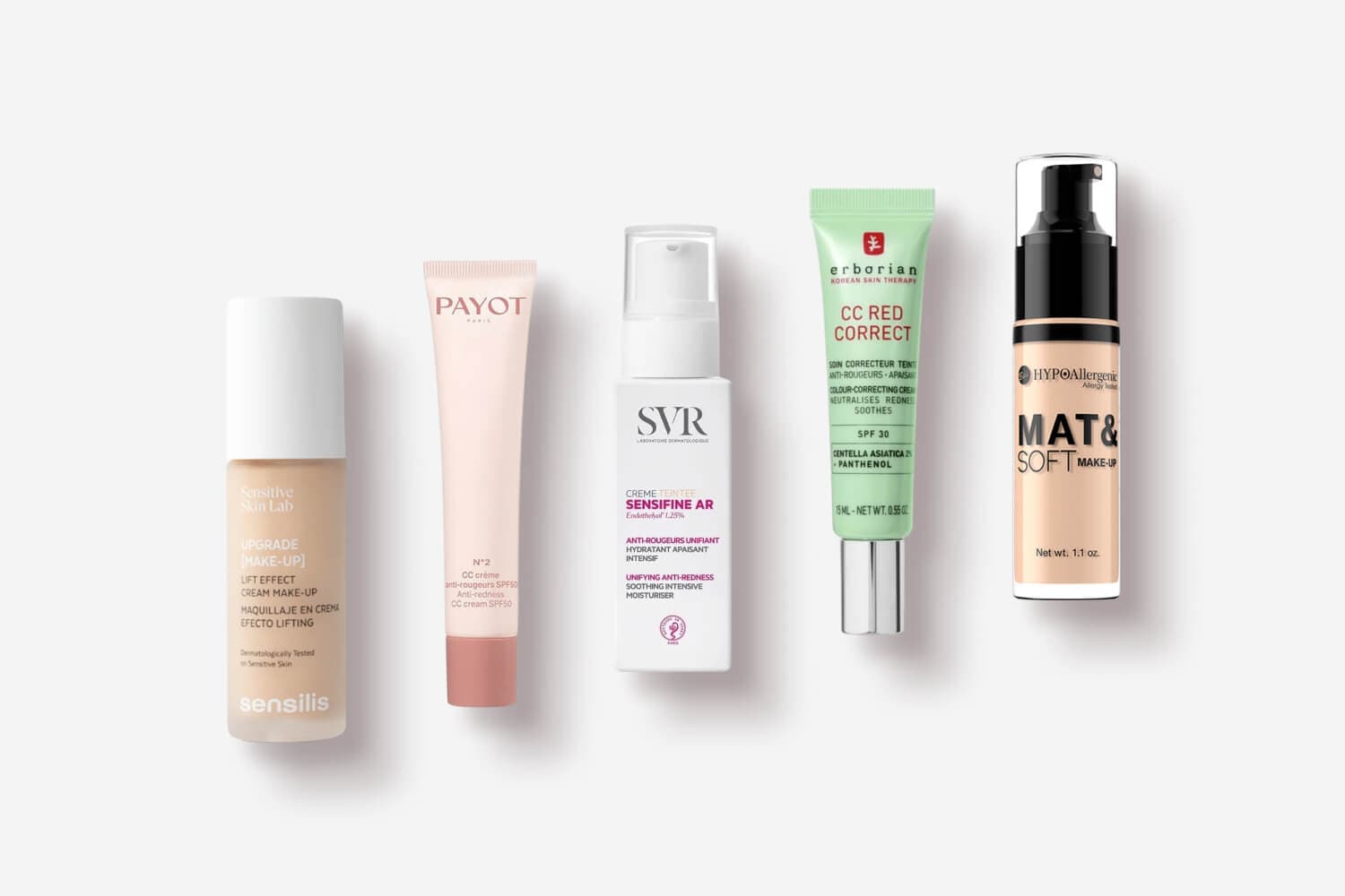 Sensilis Upgrade Cream Make-Up, Payot N°2 CC Cream SPF50, SVR Sensifine AR tinted cream, Erborian CC Red Correct and Bell HYPOAllergenic Mat & Soft. Sensilis Upgrade Cream Make-Up, Payot N°2 CC Cream SPF50, SVR Sensifine AR tinted cream, Erborian CC Red Correct and Bell HYPOAllergenic Mat & Soft.