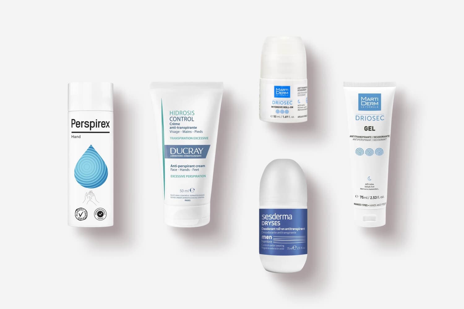 Perspirex Hand, Ducray Hidrosis Control cream, MartiDerm Driosec roll-on and gel, and Sesderma Dryses Men roll-on on grey. Perspirex Hand, Ducray Hidrosis Control cream, MartiDerm Driosec roll-on and gel, and Sesderma Dryses Men roll-on on grey.
