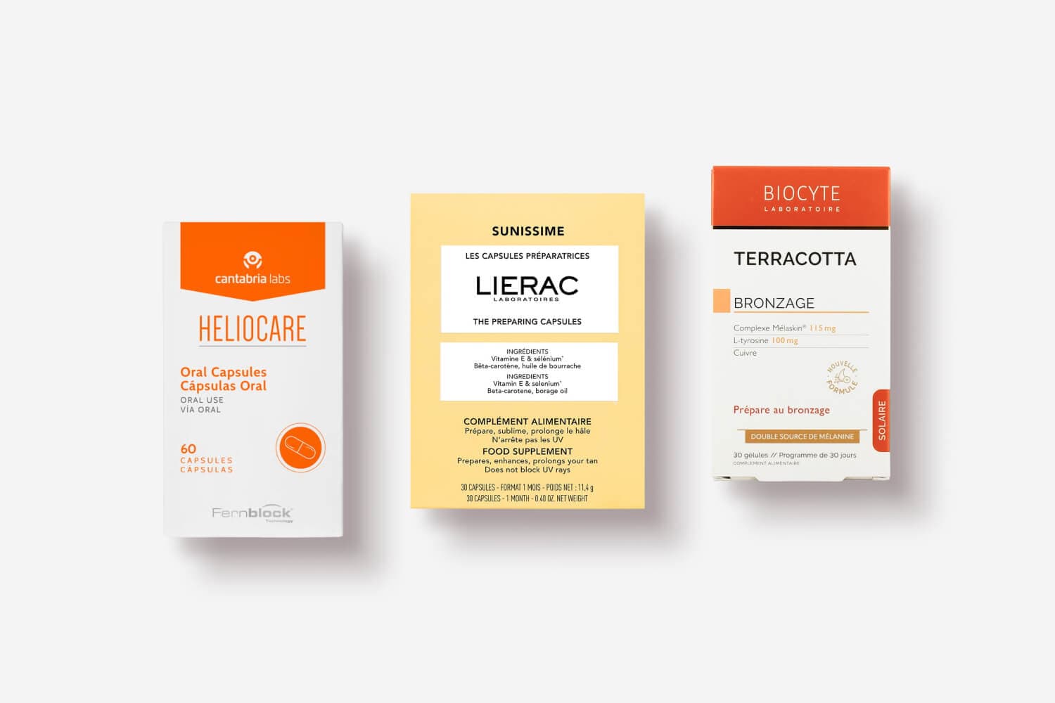 Três suplementos para bronzeamento lado a lado, suplementos solares que ajudam a intensificar o seu bronzeado. Três suplementos para bronzeamento lado a lado, suplementos solares que ajudam a intensificar o seu bronzeado.