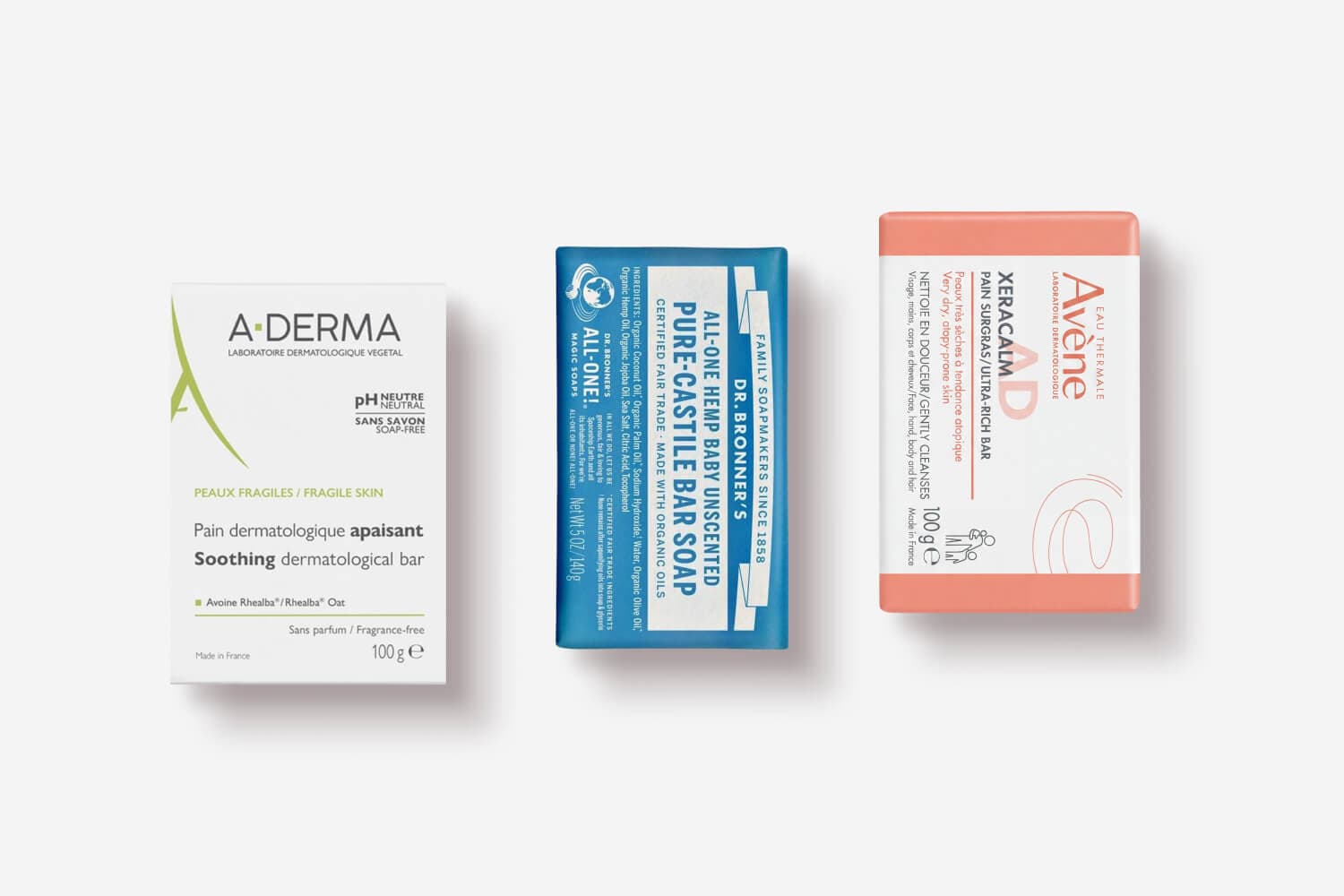 Unscented bar soaps from A-Derma, Dr. Bronner's, and Avène, three fragrance-free options for sensitive and fragile skin Unscented bar soaps from A-Derma, Dr. Bronner's, and Avène, three fragrance-free options for sensitive and fragile skin