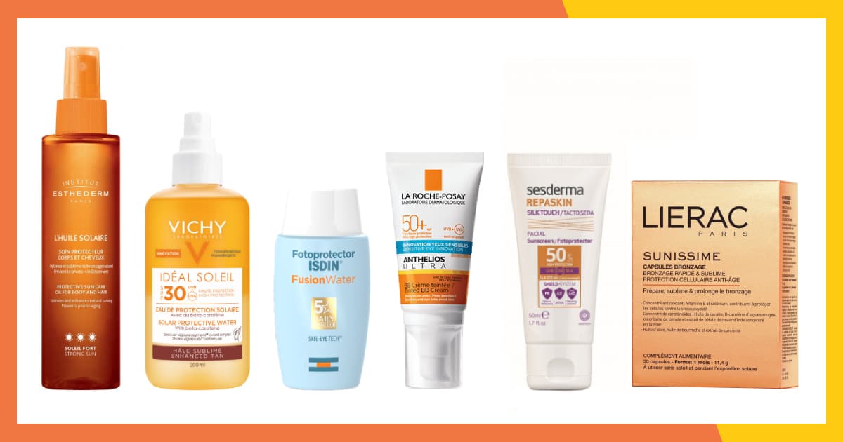 Esthederm L'Huile Solaire, Vichy Idéal Soleil 30, ISDIN Fusion Water, La Roche-Posay Anthelios Ultra 50+, Sesderma Repaskin 50, Lierac Sunissime capsules
