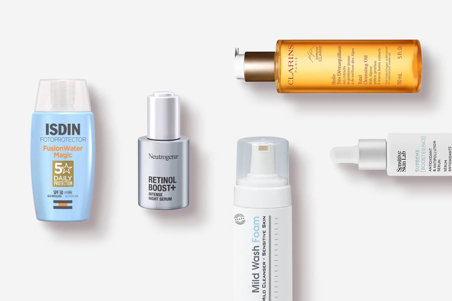 ISDIN FusionWater Magic SPF 50, Neutrogena Retinol Boost+ Night Serum, Clarins Total Cleansing Oil, Mild Wash Foam, Sensitive Skin Lab Supreme booster ISDIN FusionWater Magic SPF 50, Neutrogena Retinol Boost+ Night Serum, Clarins Total Cleansing Oil, Mild Wash Foam, Sensitive Skin Lab Supreme booster