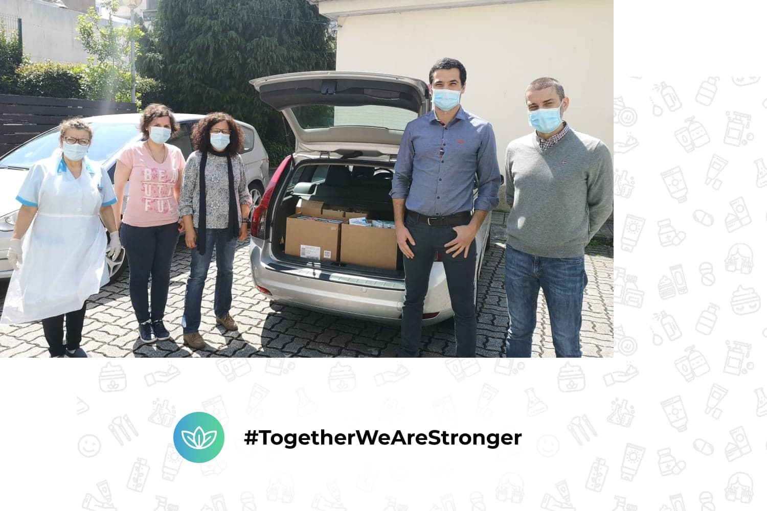 Five masked people stand beside an open car boot loaded with cardboard boxes, above the hashtag #TogetherWeAreStronger. Five masked people stand beside an open car boot loaded with cardboard boxes, above the hashtag #TogetherWeAreStronger.