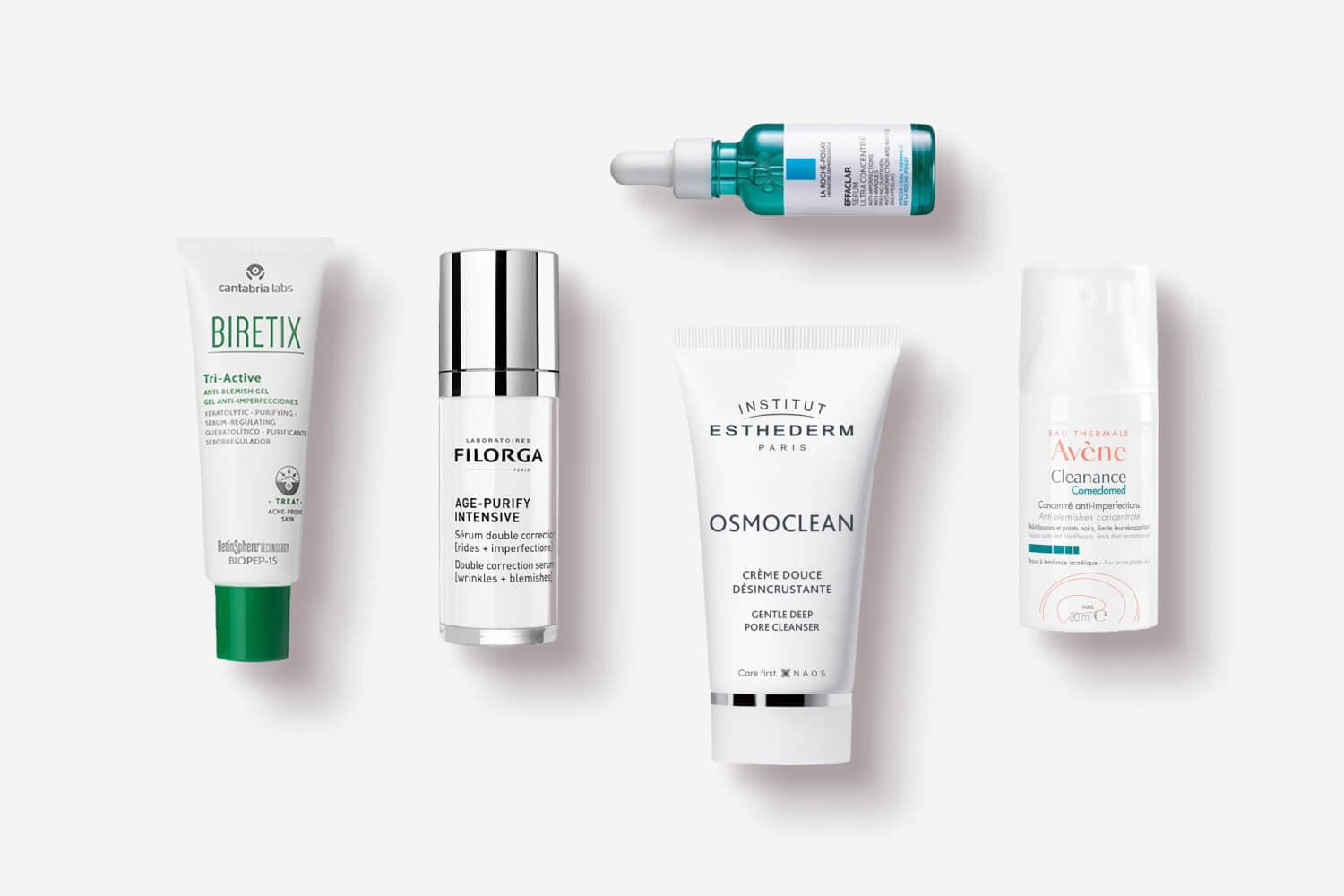 Biretix Tri-Active gel, Filorga Age-Purify Intensive serum, La Roche-Posay Effaclar Serum, Institut Esthederm Osmoclean and Avène Cleanance Comedomed. Biretix Tri-Active gel, Filorga Age-Purify Intensive serum, La Roche-Posay Effaclar Serum, Institut Esthederm Osmoclean and Avène Cleanance Comedomed.