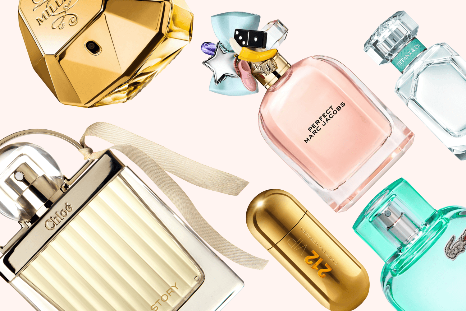 Perfume bottles on pink: gold Paco Rabanne Lady Million, Chloé Love Story, Marc Jacobs Perfect, Tiffany & Co, Carolina Herrera 212 VIP and Lacoste. Perfume bottles on pink: gold Paco Rabanne Lady Million, Chloé Love Story, Marc Jacobs Perfect, Tiffany & Co, Carolina Herrera 212 VIP and Lacoste.
