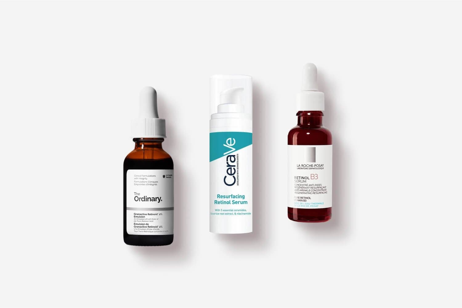 The Ordinary Granactive Retinoid 2% Emulsion, CeraVe Resurfacing Retinol Serum and La Roche-Posay Retinol B3 Serum side by side The Ordinary Granactive Retinoid 2% Emulsion, CeraVe Resurfacing Retinol Serum and La Roche-Posay Retinol B3 Serum side by side