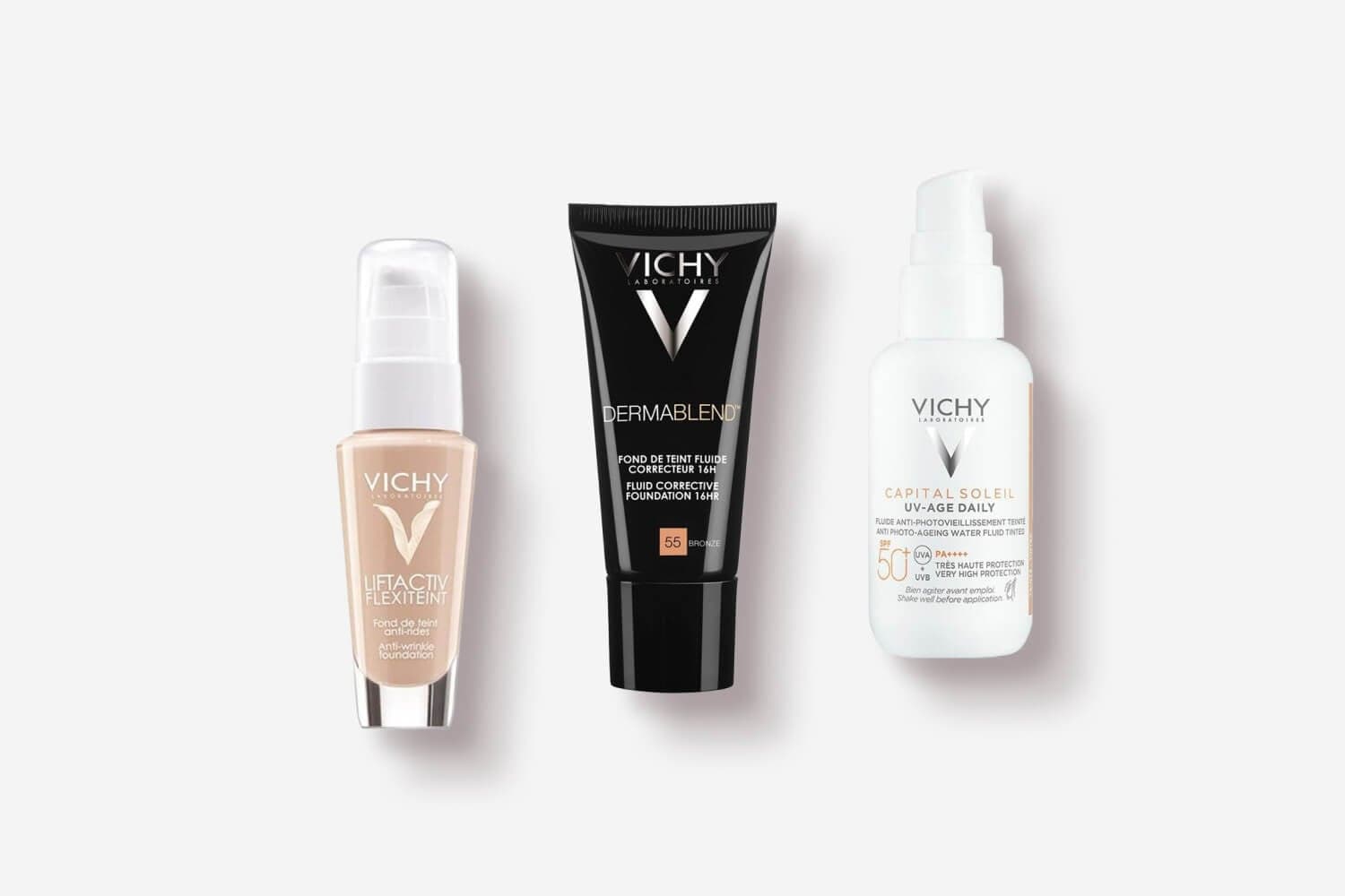Vichy Liftactiv Flexiteint anti-wrinkle foundation, Dermablend Fluid Corrective 16HR in 55 Bronze and Capital Soleil UV-Age Daily SPF50+ tinted fluid. Vichy Liftactiv Flexiteint anti-wrinkle foundation, Dermablend Fluid Corrective 16HR in 55 Bronze and Capital Soleil UV-Age Daily SPF50+ tinted fluid.