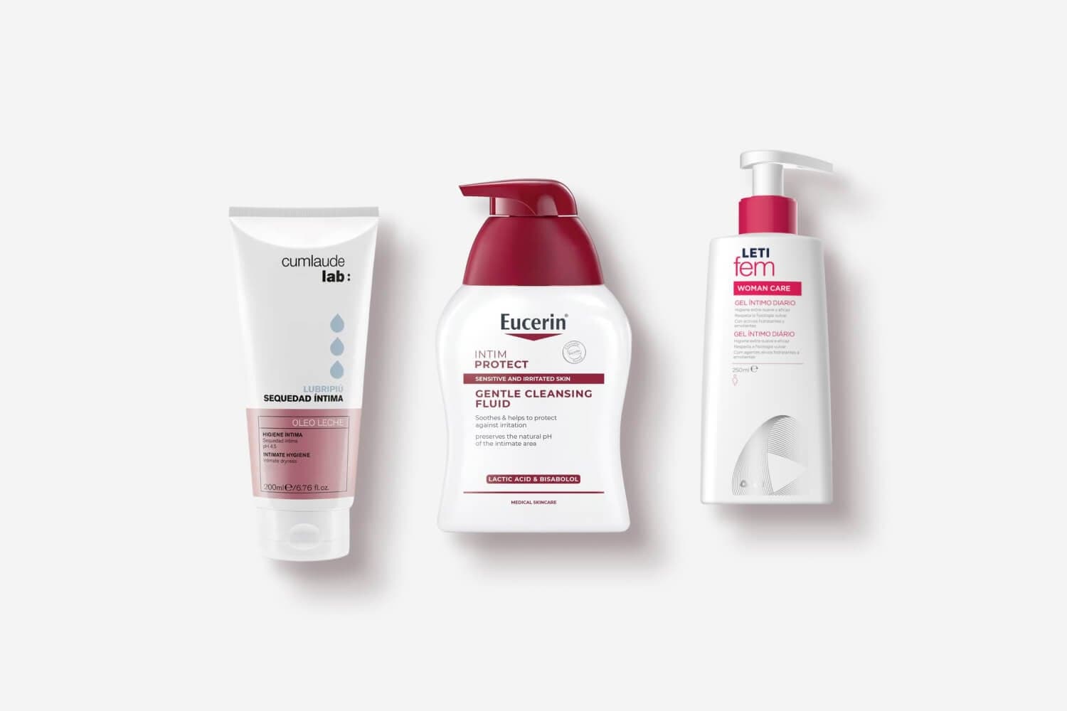 Cumlaude Lab Lubripiú Sequedad Íntima tube, Eucerin Intim Protect Gentle Cleansing Fluid and LETI Fem Woman Care Gel Íntimo Diário pumps on grey. Cumlaude Lab Lubripiú Sequedad Íntima tube, Eucerin Intim Protect Gentle Cleansing Fluid and LETI Fem Woman Care Gel Íntimo Diário pumps on grey.