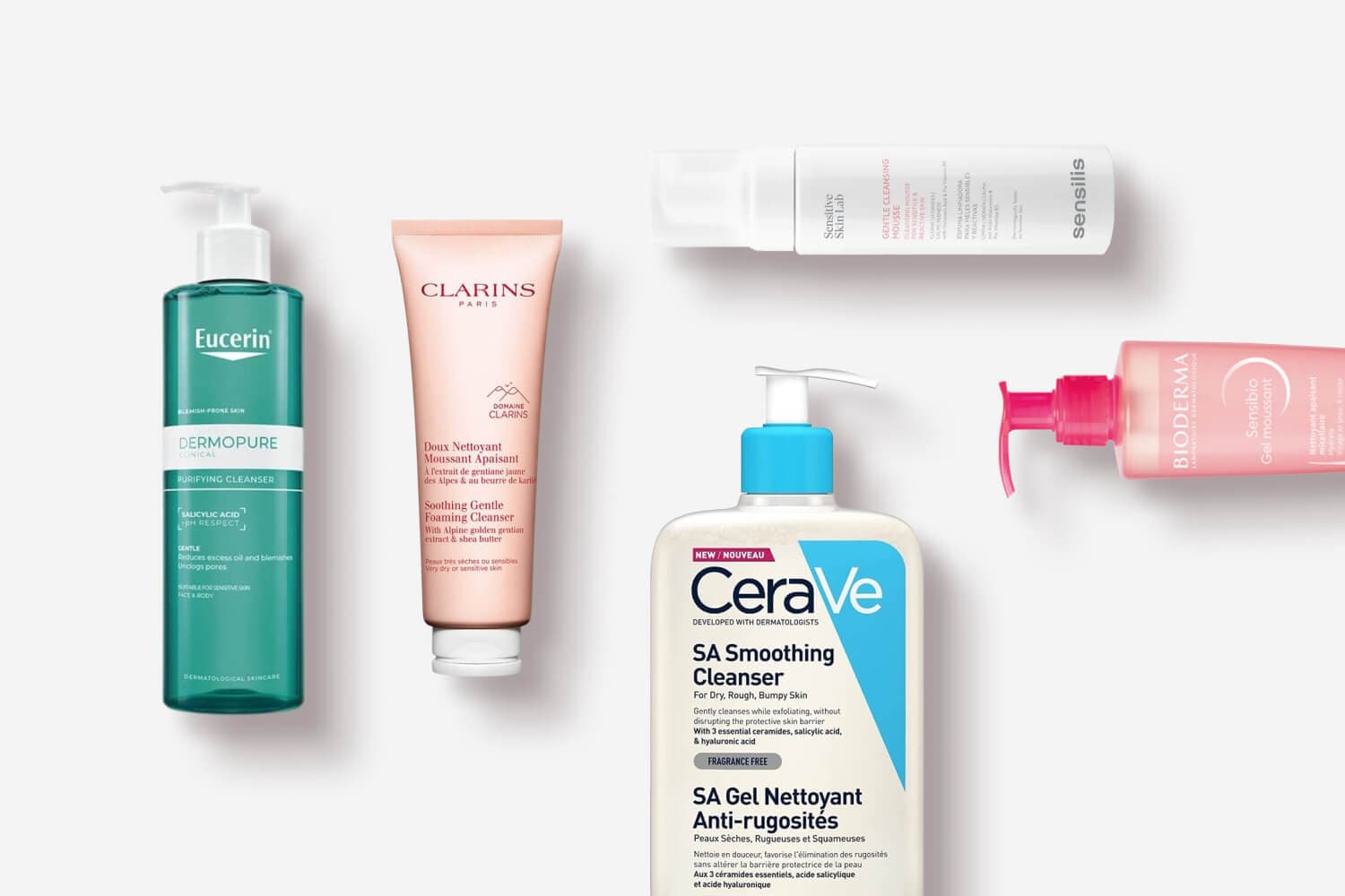 Eucerin DermoPure Purifying Cleanser, Clarins Soothing Foaming Cleanser, Sensilis Gentle Cleansing Mousse, CeraVe SA Smoothing Cleanser, Bioderma Sensibio Eucerin DermoPure Purifying Cleanser, Clarins Soothing Foaming Cleanser, Sensilis Gentle Cleansing Mousse, CeraVe SA Smoothing Cleanser, Bioderma Sensibio