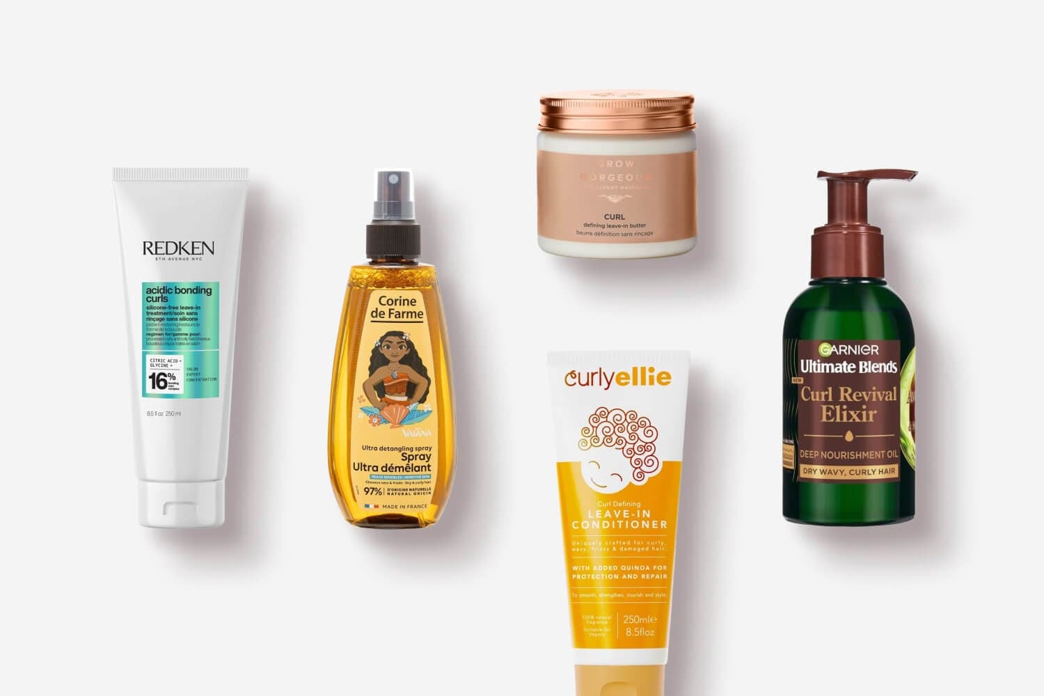 Redken Acidic Bonding Curls, Corine de Farme Ultra Detangling Spray, Grow Gorgeous Curl leave-in butter, CurlyEllie and Garnier Curl Revival Elixir Redken Acidic Bonding Curls, Corine de Farme Ultra Detangling Spray, Grow Gorgeous Curl leave-in butter, CurlyEllie and Garnier Curl Revival Elixir