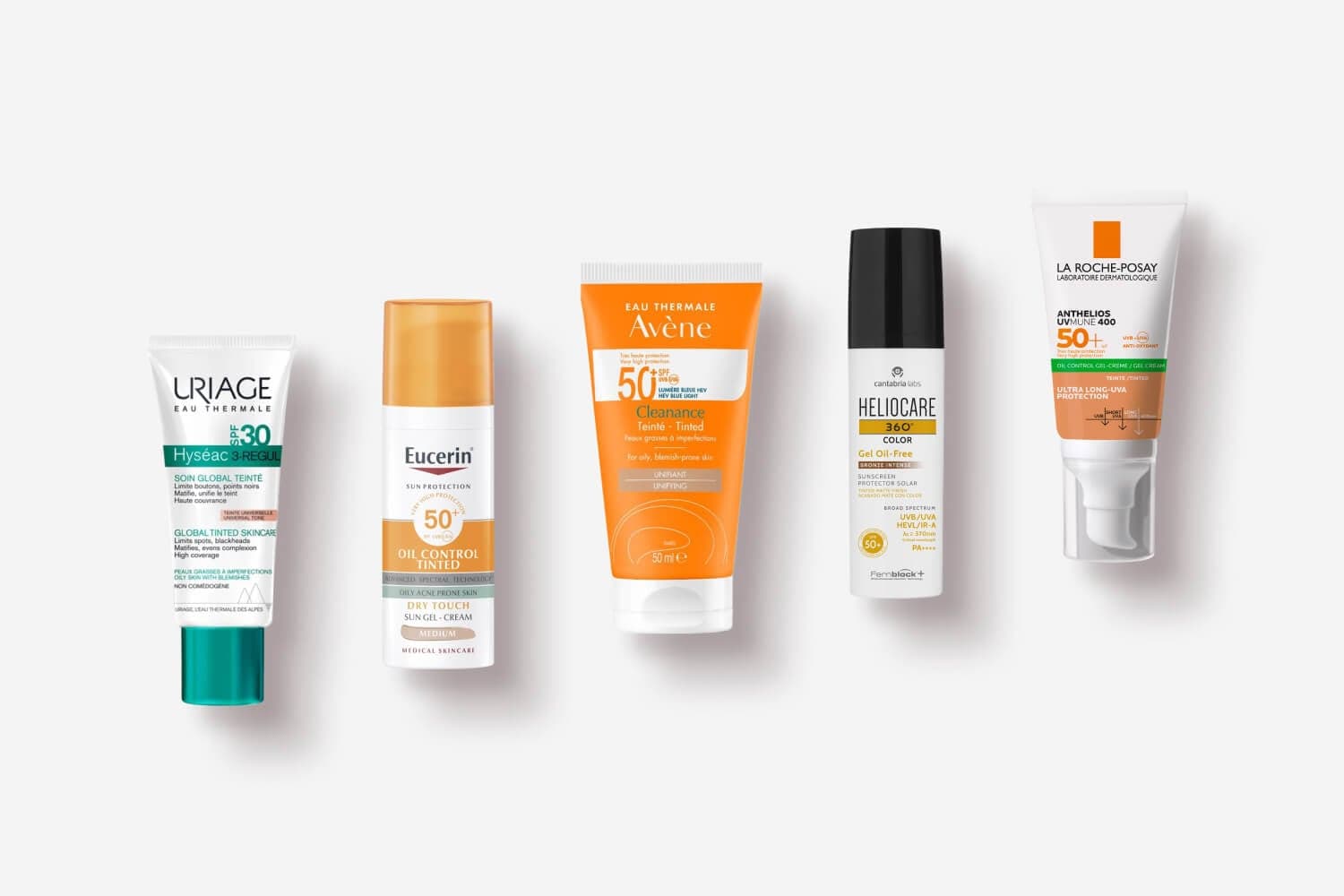 Uriage Hyséac 3-Regul SPF30, Eucerin Oil Control Tinted SPF50+, Avène Cleanance Tinted SPF50+, Heliocare 360 Color, La Roche-Posay Anthelios UVMune 400 Uriage Hyséac 3-Regul SPF30, Eucerin Oil Control Tinted SPF50+, Avène Cleanance Tinted SPF50+, Heliocare 360 Color, La Roche-Posay Anthelios UVMune 400