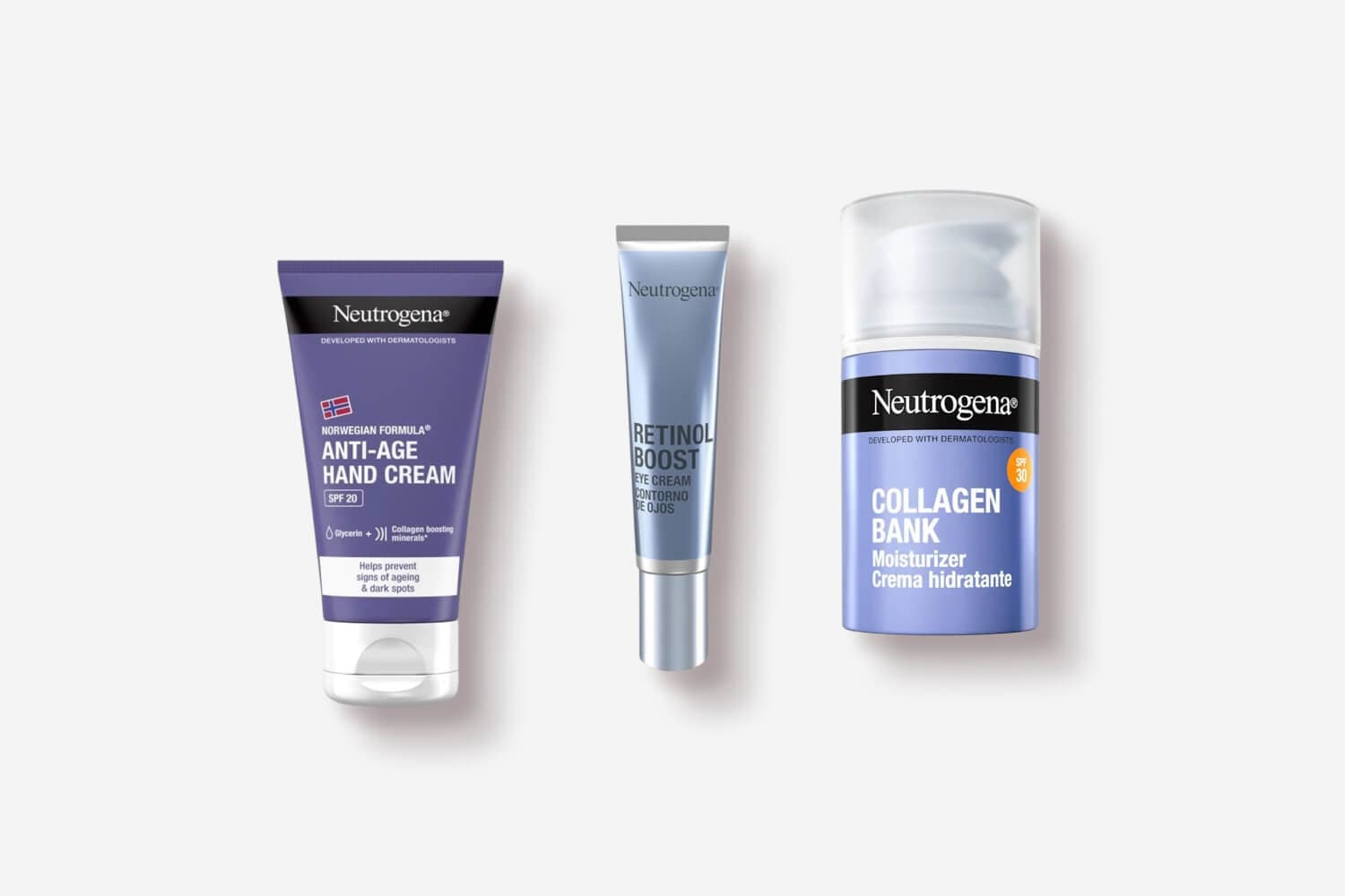 Neutrogena Norwegian Formula Anti-Age Hand Cream SPF 20, Retinol Boost Eye Cream and Collagen Bank Moisturizer SPF 30 Neutrogena Norwegian Formula Anti-Age Hand Cream SPF 20, Retinol Boost Eye Cream and Collagen Bank Moisturizer SPF 30