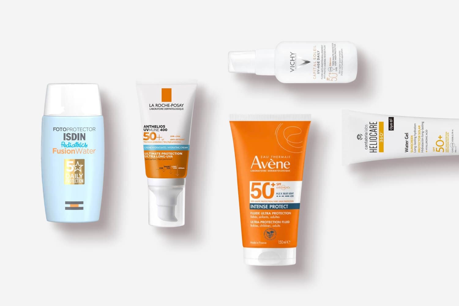 ISDIN Pediatrics Fusion Water, La Roche-Posay Anthelios UVMune 400, Vichy Capital Soleil UV-Age Daily, Avène Intense Protect, Heliocare 360 Water Gel. ISDIN Pediatrics Fusion Water, La Roche-Posay Anthelios UVMune 400, Vichy Capital Soleil UV-Age Daily, Avène Intense Protect, Heliocare 360 Water Gel.