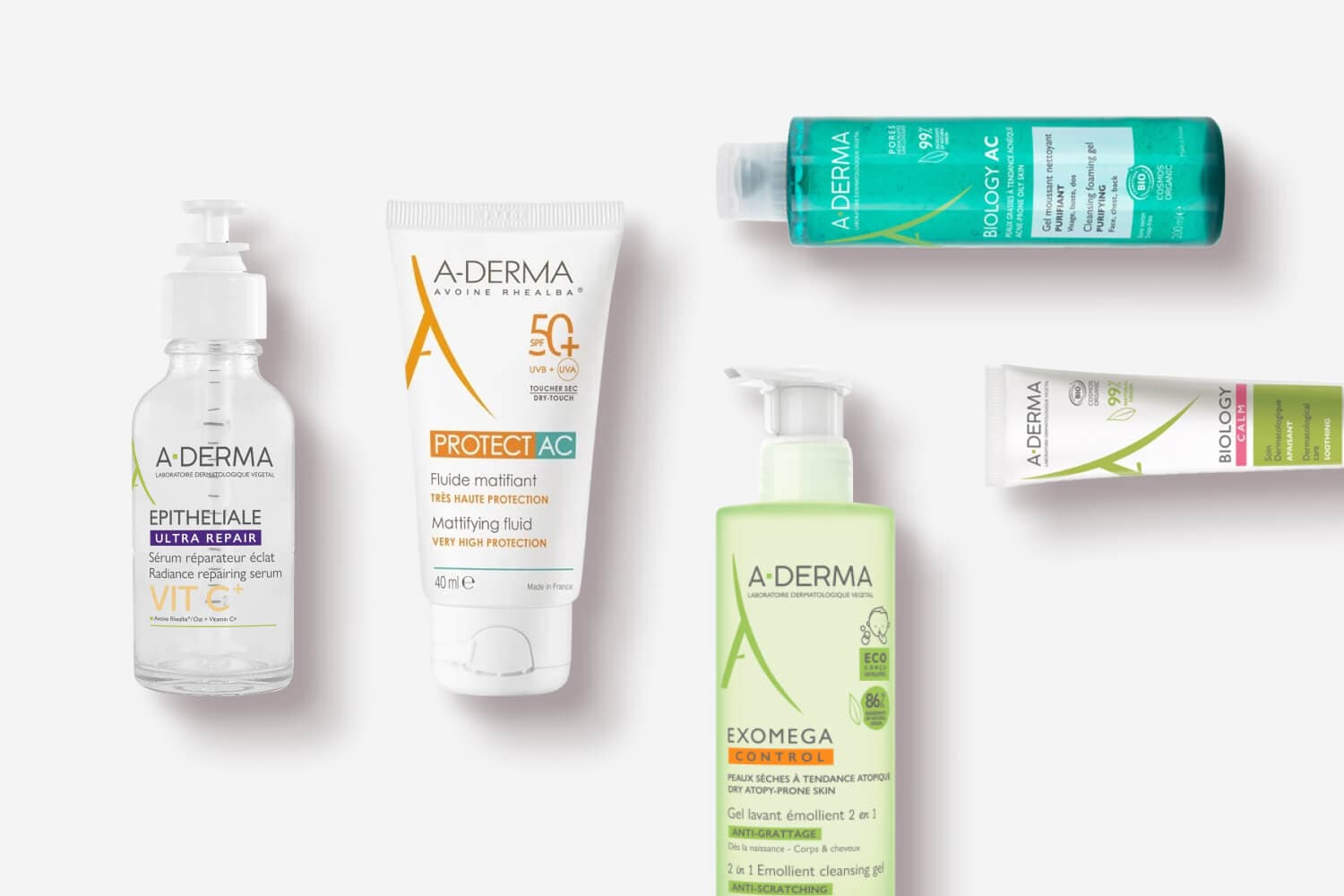 A-Derma Epitheliale Ultra Repair Vit C+ serum, Protect AC SPF 50+ fluid, Biology AC cleansing gel, Exomega Control gel and Biology Calm cream. A-Derma Epitheliale Ultra Repair Vit C+ serum, Protect AC SPF 50+ fluid, Biology AC cleansing gel, Exomega Control gel and Biology Calm cream.