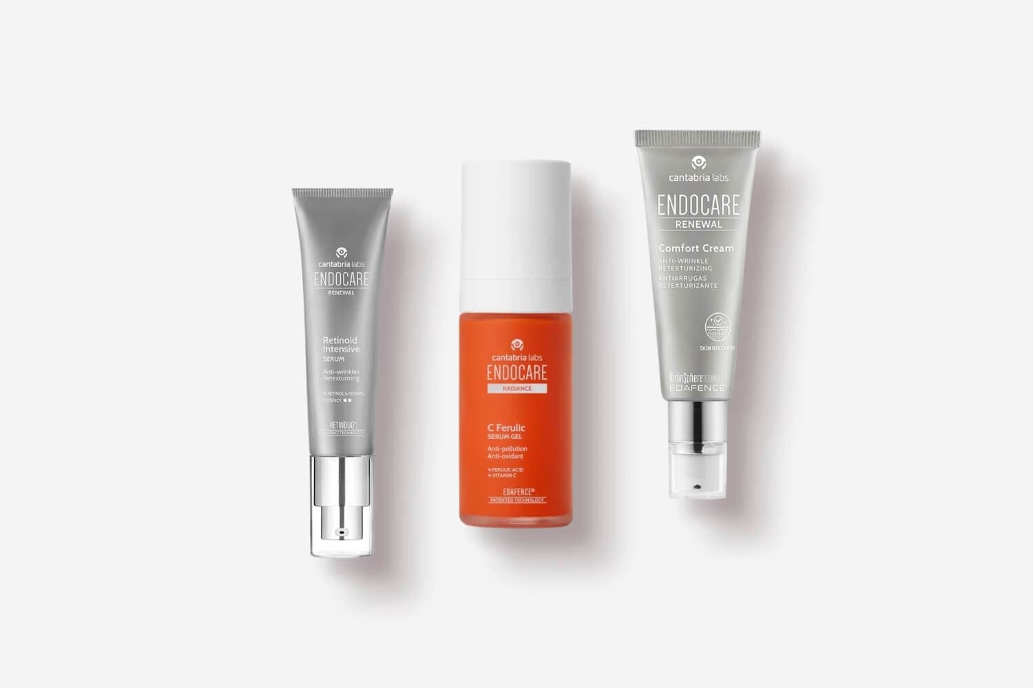 Endocare Renewal Retinoid Intensive Serum, Radiance C Ferulic Serum Gel and Renewal Comfort Cream by Cantabria Labs Endocare Renewal Retinoid Intensive Serum, Radiance C Ferulic Serum Gel and Renewal Comfort Cream by Cantabria Labs