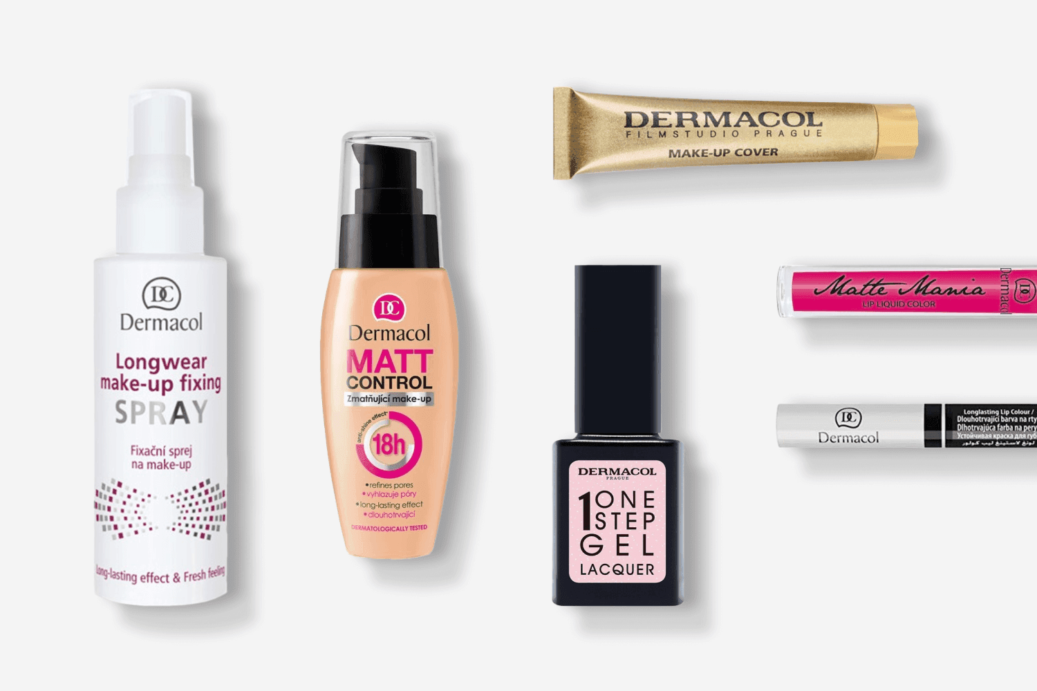 Dermacol Longwear Make-up Fixing Spray, Matt Control 18h make-up, gold Make-Up Cover tube, One Step Gel Lacquer and Matte Mania lip colour on grey. Dermacol Longwear Make-up Fixing Spray, Matt Control 18h make-up, gold Make-Up Cover tube, One Step Gel Lacquer and Matte Mania lip colour on grey.