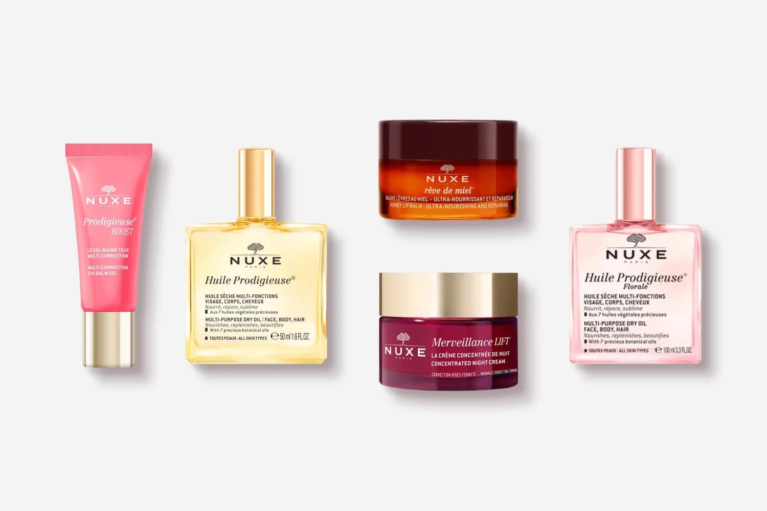 NUXE Prodigieuse Boost eye balm gel, Huile Prodigieuse and Huile Prodigieuse Florale dry oils, Rêve de Miel lip balm and Merveillance Lift night cream. NUXE Prodigieuse Boost eye balm gel, Huile Prodigieuse and Huile Prodigieuse Florale dry oils, Rêve de Miel lip balm and Merveillance Lift night cream.