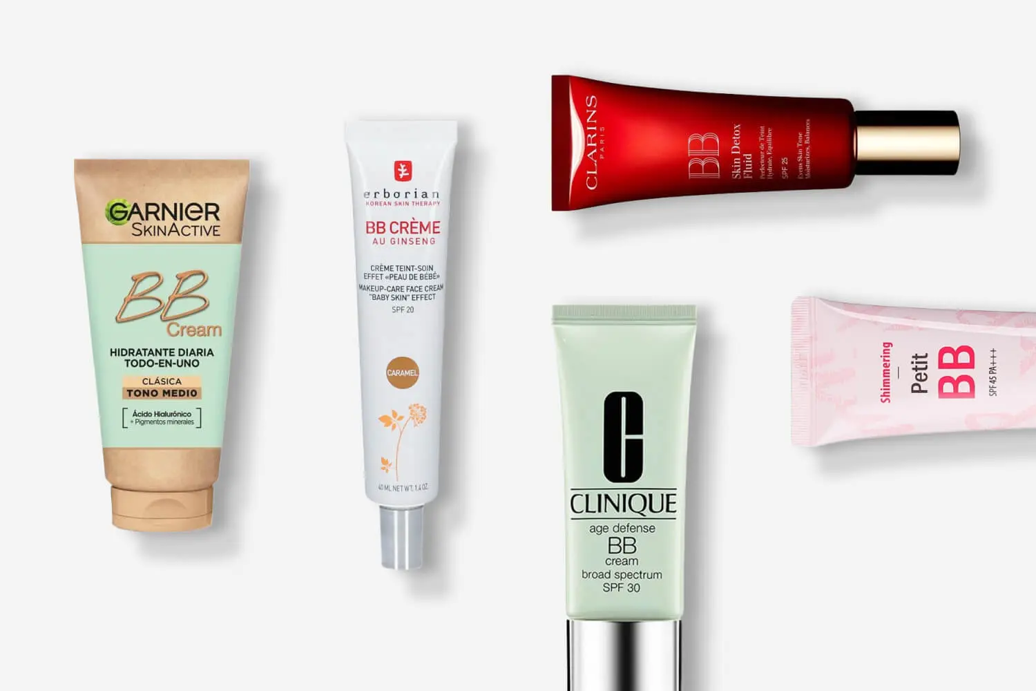 Garnier SkinActive BB Cream, Erborian BB Crème au Ginseng Caramel, Clarins BB Skin Detox Fluid, Clinique Age Defense BB Cream SPF 30, Shimmering Petit BB tubes Garnier SkinActive BB Cream, Erborian BB Crème au Ginseng Caramel, Clarins BB Skin Detox Fluid, Clinique Age Defense BB Cream SPF 30, Shimmering Petit BB tubes