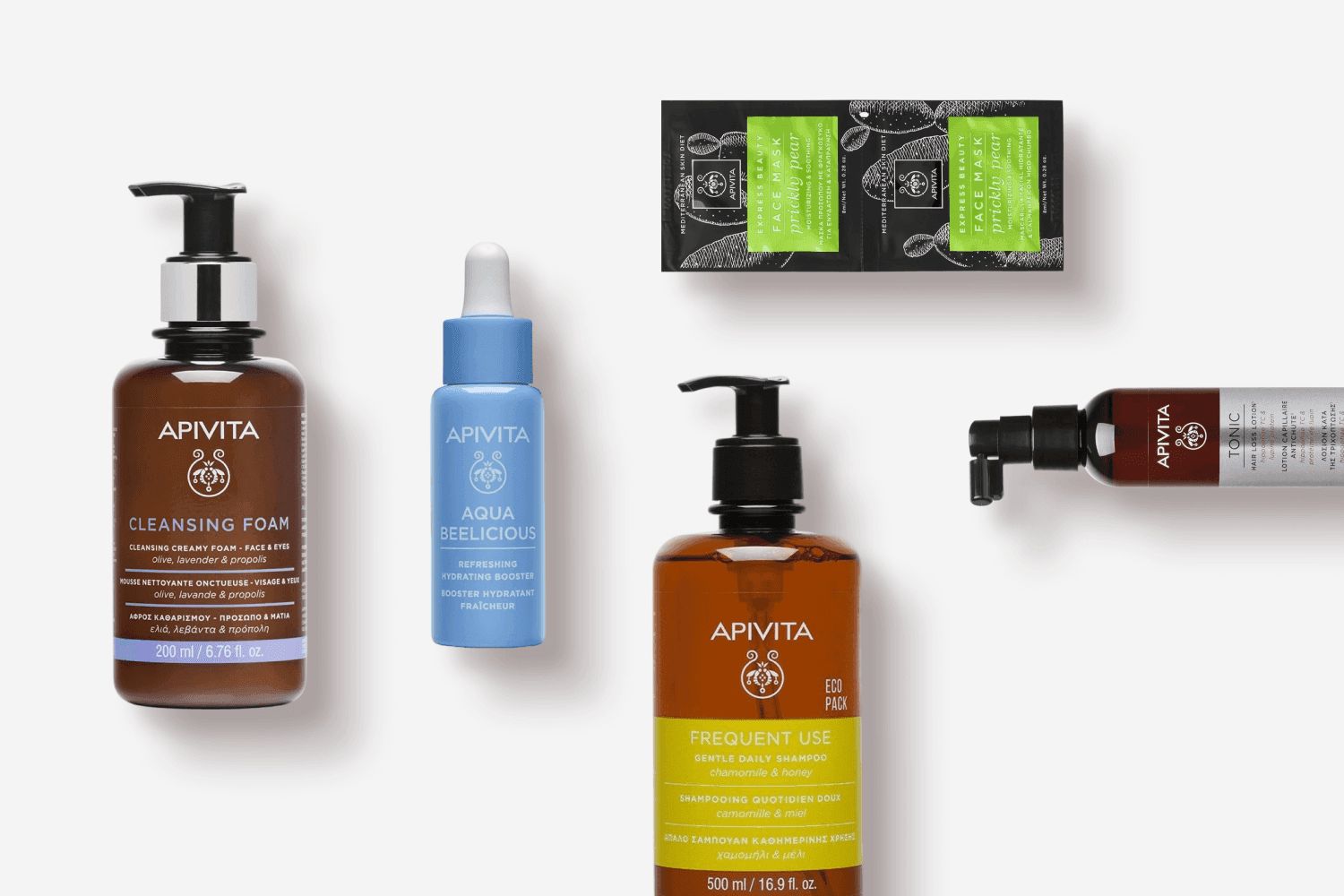APIVITA Cleansing Foam, Aqua Beelicious booster, Express Beauty Prickly Pear face mask, Frequent Use shampoo and Tonic hair loss lotion. APIVITA Cleansing Foam, Aqua Beelicious booster, Express Beauty Prickly Pear face mask, Frequent Use shampoo and Tonic hair loss lotion.