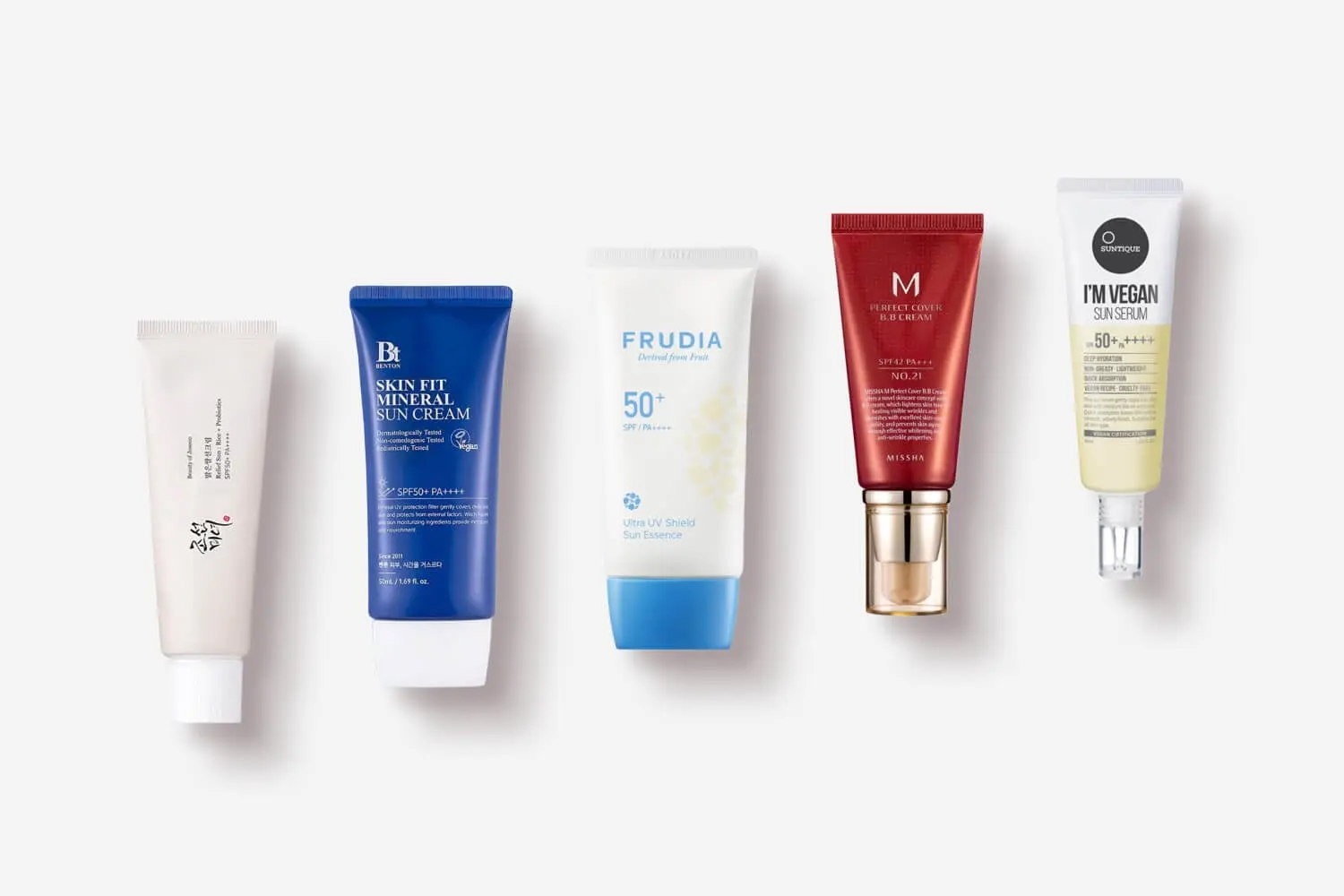 Beauty of Joseon Relief Sun, Benton Skin Fit Mineral Sun Cream, Frudia Ultra UV Shield, Missha Perfect Cover B.B Cream, Suntique I'm Vegan Sun Serum Beauty of Joseon Relief Sun, Benton Skin Fit Mineral Sun Cream, Frudia Ultra UV Shield, Missha Perfect Cover B.B Cream, Suntique I'm Vegan Sun Serum