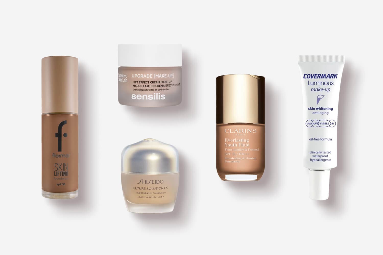 Flormar Skin Lifting SPF 30, Sensilis Upgrade Lift Effect, Shiseido Future Solution LX, Clarins Everlasting Youth Fluid and Covermark Luminous foundations.