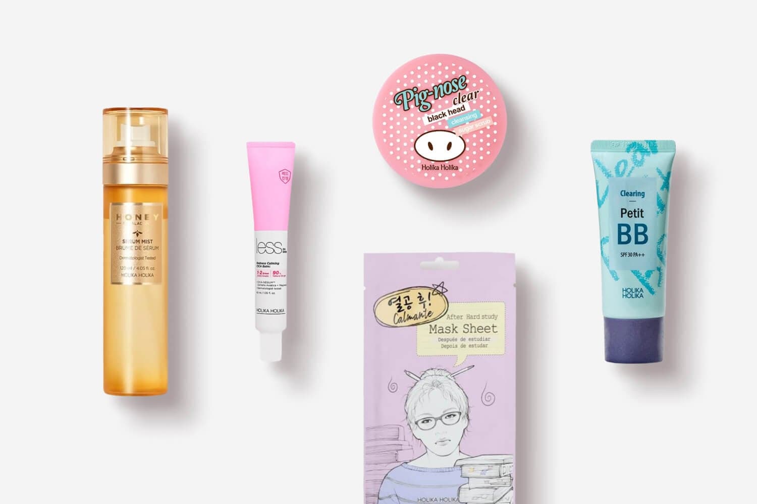 Holika Holika Honey Royal Lactin Serum Mist, Less On Skin CICA Balm, Pig-Nose Clear Blackhead Sugar Scrub, Calmania Mask Sheet and Clearing Petit BB SPF30. Holika Holika Honey Royal Lactin Serum Mist, Less On Skin CICA Balm, Pig-Nose Clear Blackhead Sugar Scrub, Calmania Mask Sheet and Clearing Petit BB SPF30.