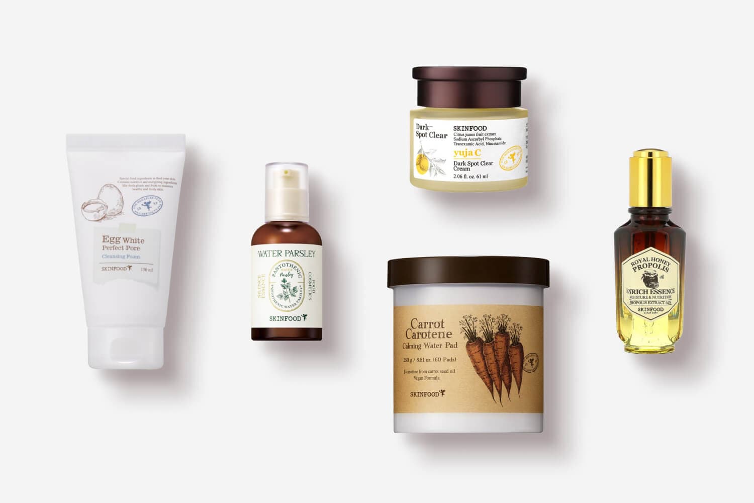 Skinfood Egg White Perfect Pore Cleansing Foam, Water Parsley Essence, Yuja C Dark Spot Clear Cream, Carrot Carotene Water Pad, Royal Honey Propolis Essence Skinfood Egg White Perfect Pore Cleansing Foam, Water Parsley Essence, Yuja C Dark Spot Clear Cream, Carrot Carotene Water Pad, Royal Honey Propolis Essence