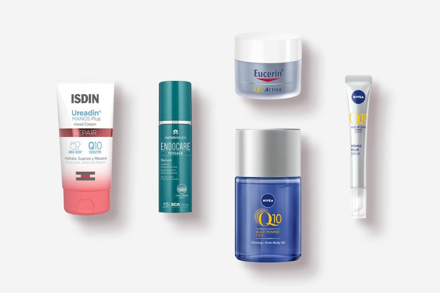 ISDIN Ureadin Manos Plus Repair, Endocare Tensage Serum, Eucerin Q10 Active, Nivea Q10 Multi Power body oil and Nivea Q10 Wrinkle Filler Serum. ISDIN Ureadin Manos Plus Repair, Endocare Tensage Serum, Eucerin Q10 Active, Nivea Q10 Multi Power body oil and Nivea Q10 Wrinkle Filler Serum.