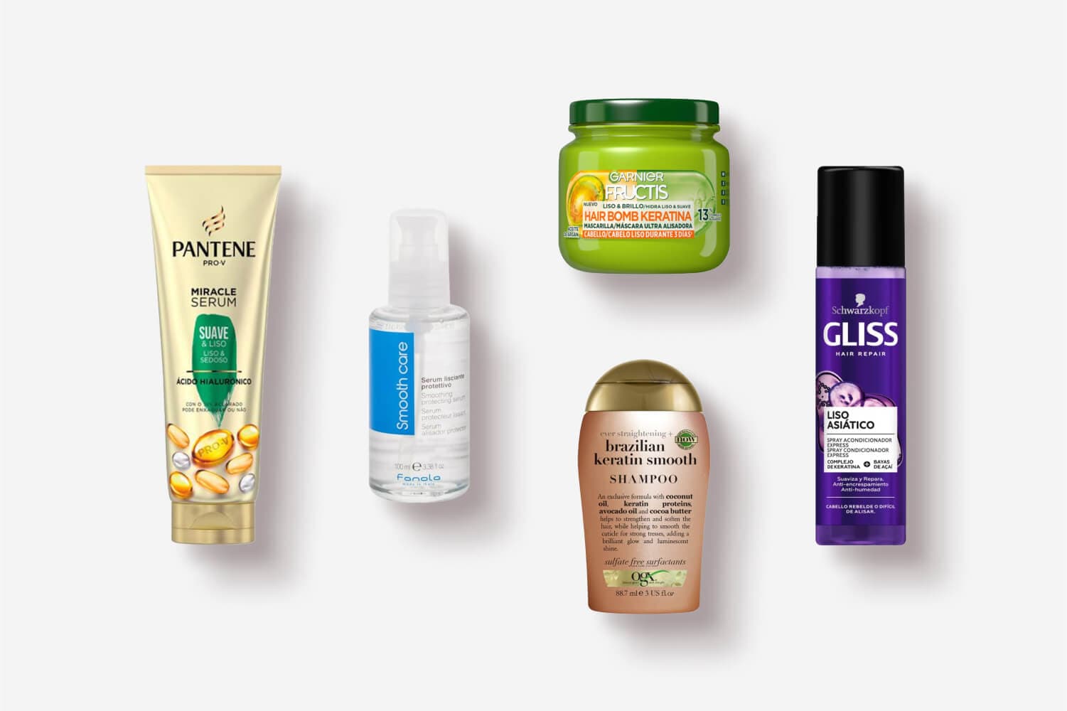 Pantene Pro-V Miracle Serum, Fanola Smooth Care, Garnier Fructis Hair Bomb Keratina, OGX Brazilian Keratin Smooth shampoo, Schwarzkopf Gliss Liso Asiático Pantene Pro-V Miracle Serum, Fanola Smooth Care, Garnier Fructis Hair Bomb Keratina, OGX Brazilian Keratin Smooth shampoo, Schwarzkopf Gliss Liso Asiático