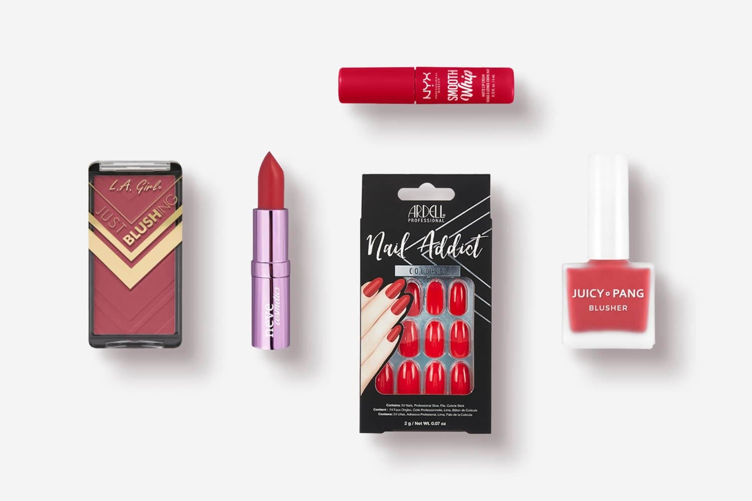 NYX Smooth Whip lip cream, L.A. Girl Just Blushing, a Neve Cosmetics lipstick, Ardell Nail Addict nails and Juicy Pang blusher NYX Smooth Whip lip cream, L.A. Girl Just Blushing, a Neve Cosmetics lipstick, Ardell Nail Addict nails and Juicy Pang blusher