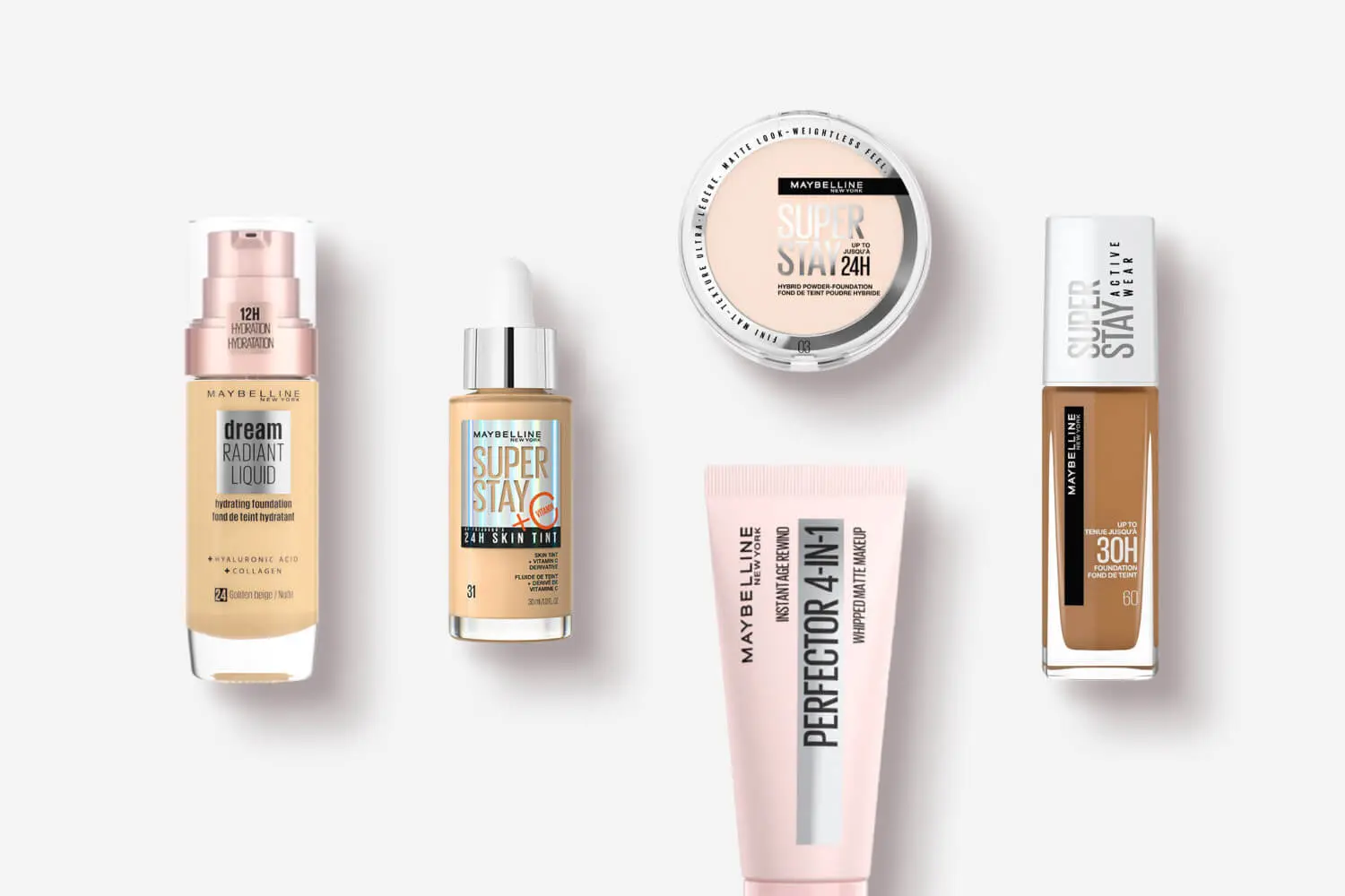 Maybelline Dream Radiant Liquid, Super Stay 24H Skin Tint, Super Stay 24H powder-foundation, Instant Age Rewind Perfector 4-in-1 and Super Stay Active Wear 30H. Maybelline Dream Radiant Liquid, Super Stay 24H Skin Tint, Super Stay 24H powder-foundation, Instant Age Rewind Perfector 4-in-1 and Super Stay Active Wear 30H.