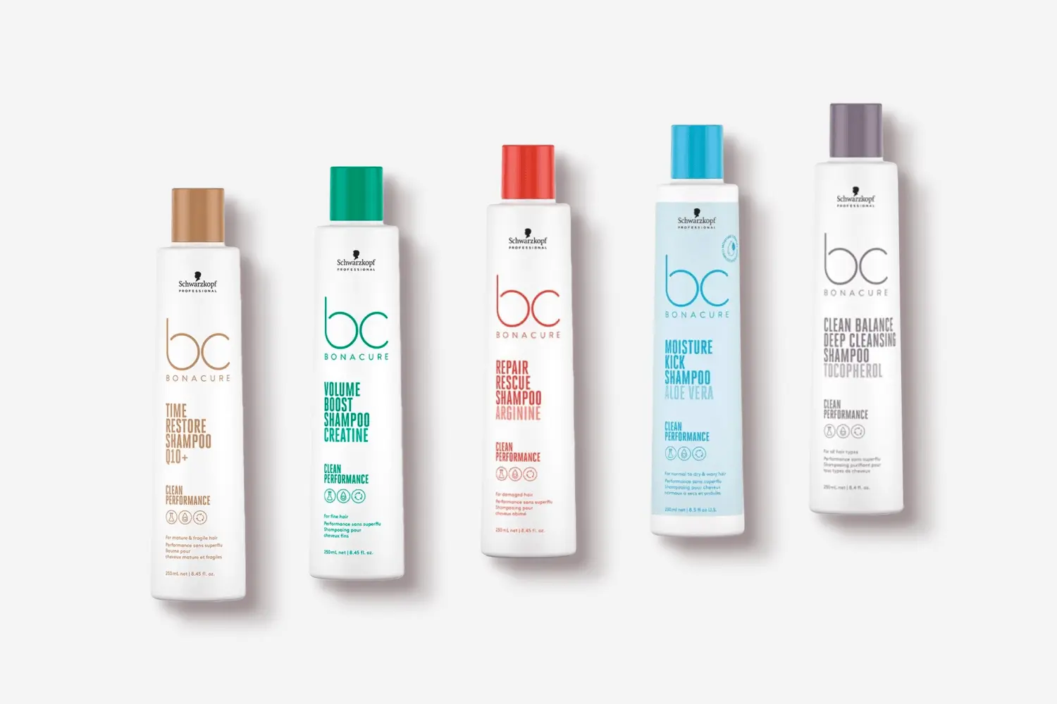 Schwarzkopf BC Bonacure shampoos: Time Restore Q10+, Volume Boost Creatine, Repair Rescue Arginine, Moisture Kick Aloe Vera, Clean Balance Deep Cleansing Schwarzkopf BC Bonacure shampoos: Time Restore Q10+, Volume Boost Creatine, Repair Rescue Arginine, Moisture Kick Aloe Vera, Clean Balance Deep Cleansing
