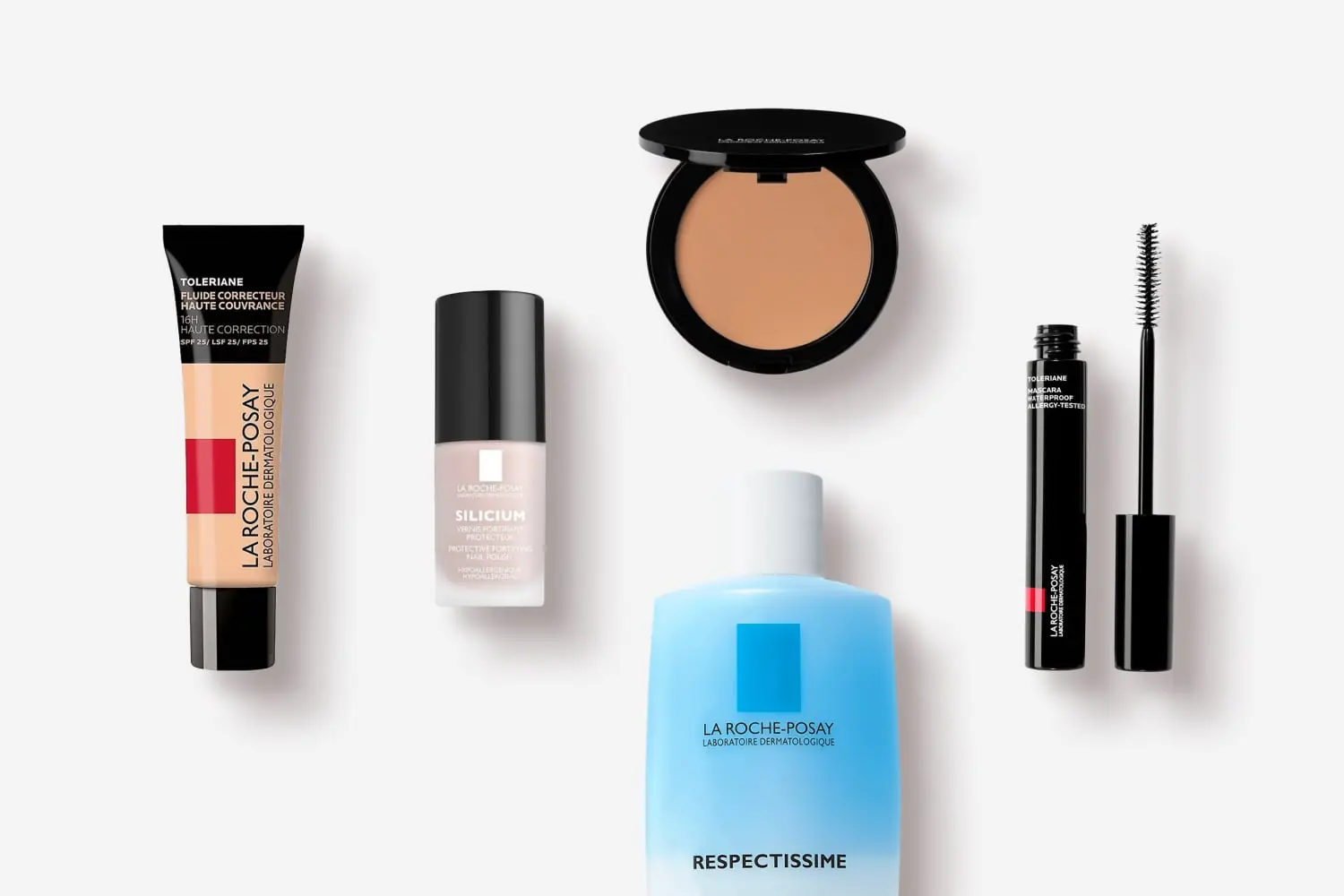La Roche-Posay Toleriane Fluide Correcteur SPF 25, Silicium nail polish, a compact powder, Respectissime remover and Toleriane waterproof mascara. La Roche-Posay Toleriane Fluide Correcteur SPF 25, Silicium nail polish, a compact powder, Respectissime remover and Toleriane waterproof mascara.