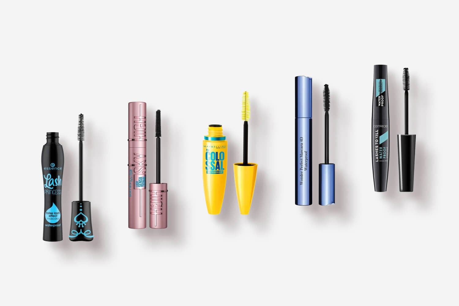 Five open mascaras in a row: essence Lash Princess, Maybelline Sky High and The Colossal, Wonder Perfect 4D, Catrice Lashes to Kill. Five open mascaras in a row: essence Lash Princess, Maybelline Sky High and The Colossal, Wonder Perfect 4D, Catrice Lashes to Kill.