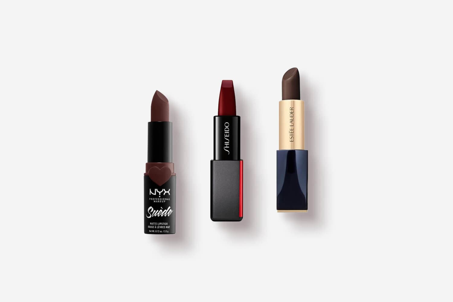 NYX Professional Makeup Suède Matte Lipstick, Shiseido ModernMatte and Estée Lauder bullets in mauve, deep red and near-black brown NYX Professional Makeup Suède Matte Lipstick, Shiseido ModernMatte and Estée Lauder bullets in mauve, deep red and near-black brown