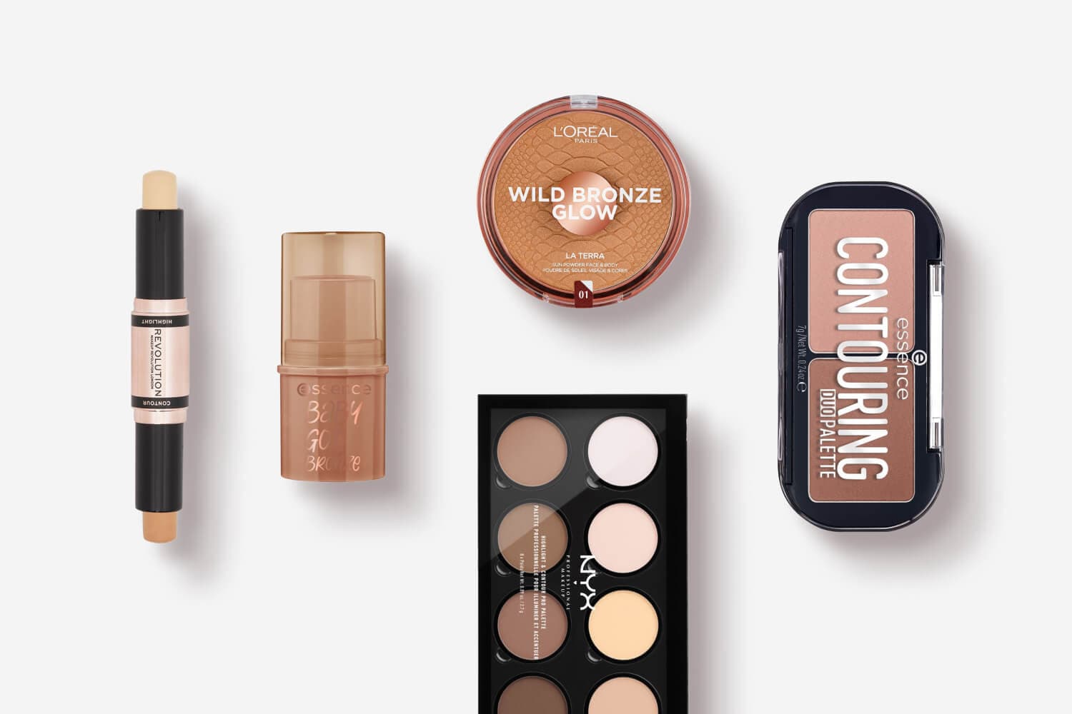 Makeup Revolution Highlight & Contour stick, essence Baby Got Bronze, L'Oréal Wild Bronze Glow, NYX Highlight & Contour Pro & essence Contouring Duo palettes Makeup Revolution Highlight & Contour stick, essence Baby Got Bronze, L'Oréal Wild Bronze Glow, NYX Highlight & Contour Pro & essence Contouring Duo palettes