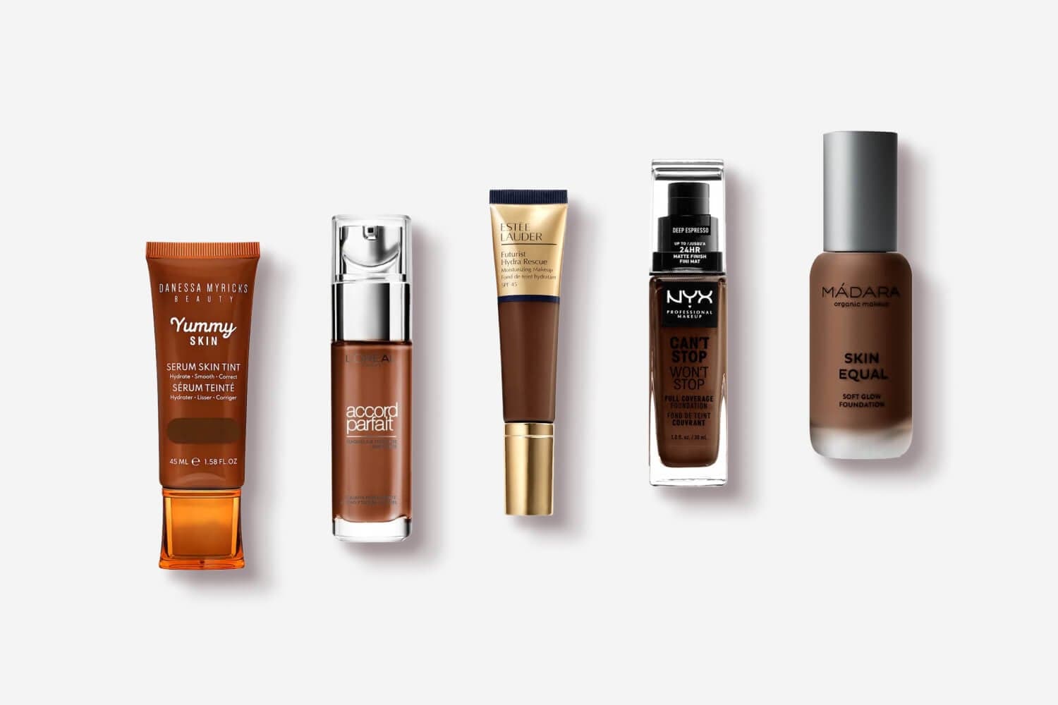 Danessa Myricks Yummy Skin, L'Oréal Accord Parfait, Estée Lauder Futurist Hydra Rescue, NYX Can't Stop Won't Stop and Mádara Skin Equal in deep shades