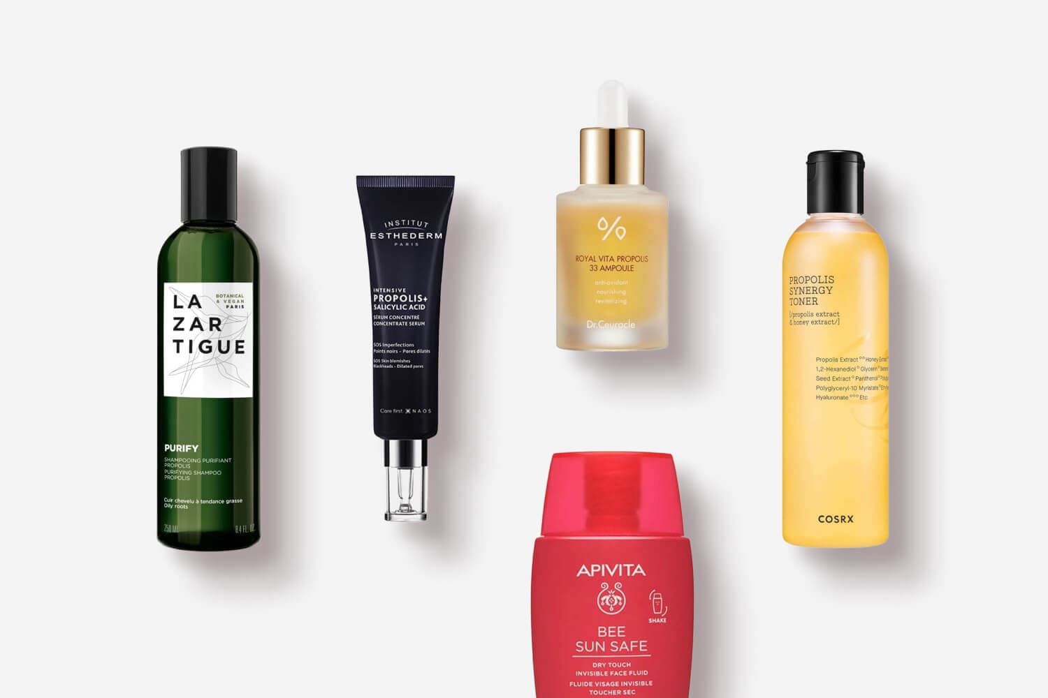 Lazartigue Purify shampoo, Esthederm Propolis+ Salicylic Acid, Dr. Ceuracle Royal Vita Propolis 33 Ampoule, COSRX Propolis Synergy Toner, Apivita Bee Sun Safe Lazartigue Purify shampoo, Esthederm Propolis+ Salicylic Acid, Dr. Ceuracle Royal Vita Propolis 33 Ampoule, COSRX Propolis Synergy Toner, Apivita Bee Sun Safe