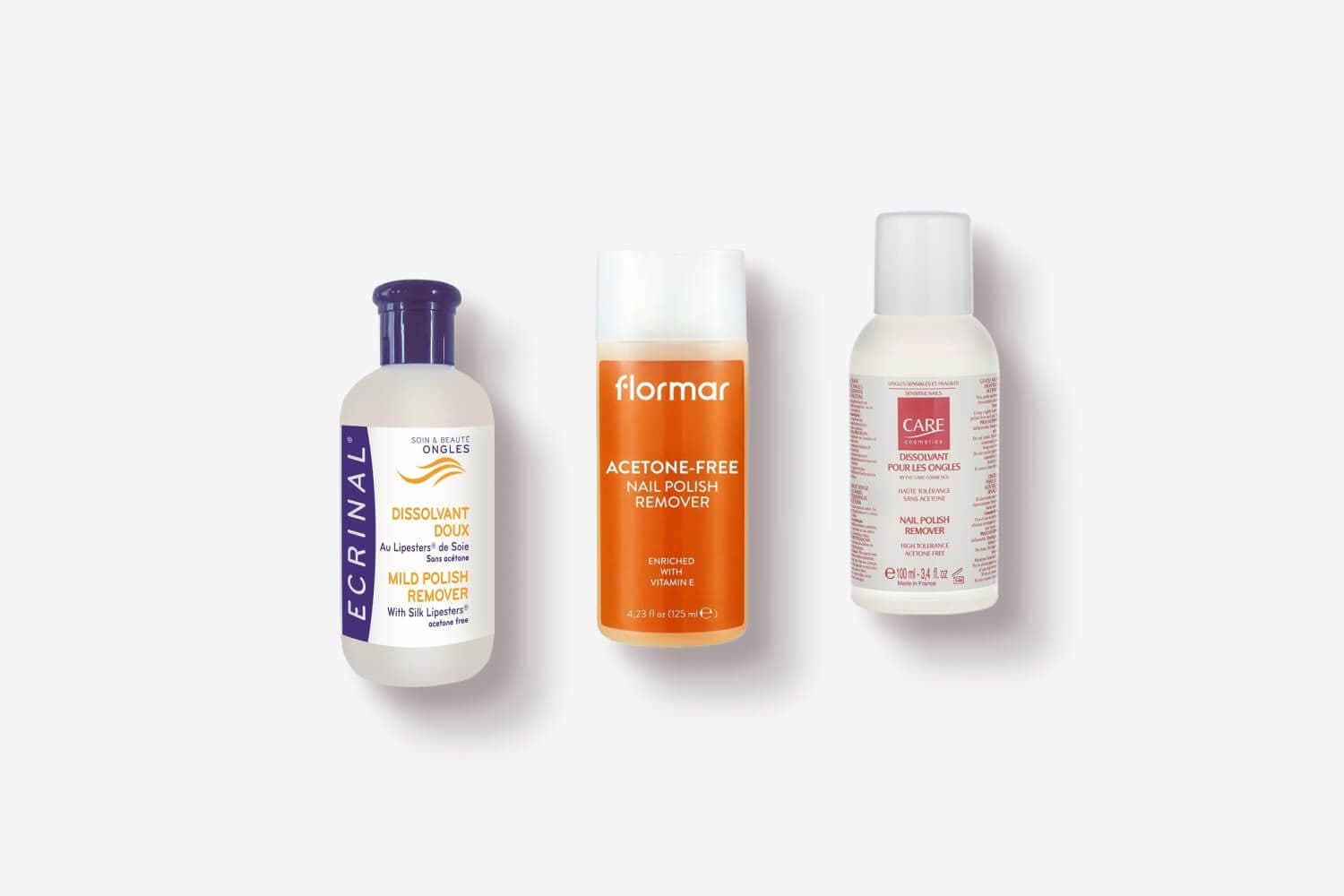 Ecrinal Mild Polish Remover, Flormar Acetone-Free Nail Polish Remover and Eye Care Cosmetics Care nail polish remover bottles on grey Ecrinal Mild Polish Remover, Flormar Acetone-Free Nail Polish Remover and Eye Care Cosmetics Care nail polish remover bottles on grey