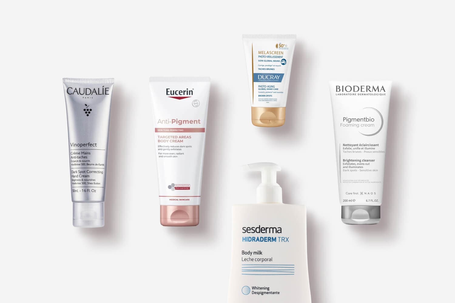 Caudalie Vinoperfect hand cream, Eucerin Anti-Pigment body cream, Ducray Melascreen, Bioderma Pigmentbio and Sesderma Hidraderm TRX body milk Caudalie Vinoperfect hand cream, Eucerin Anti-Pigment body cream, Ducray Melascreen, Bioderma Pigmentbio and Sesderma Hidraderm TRX body milk