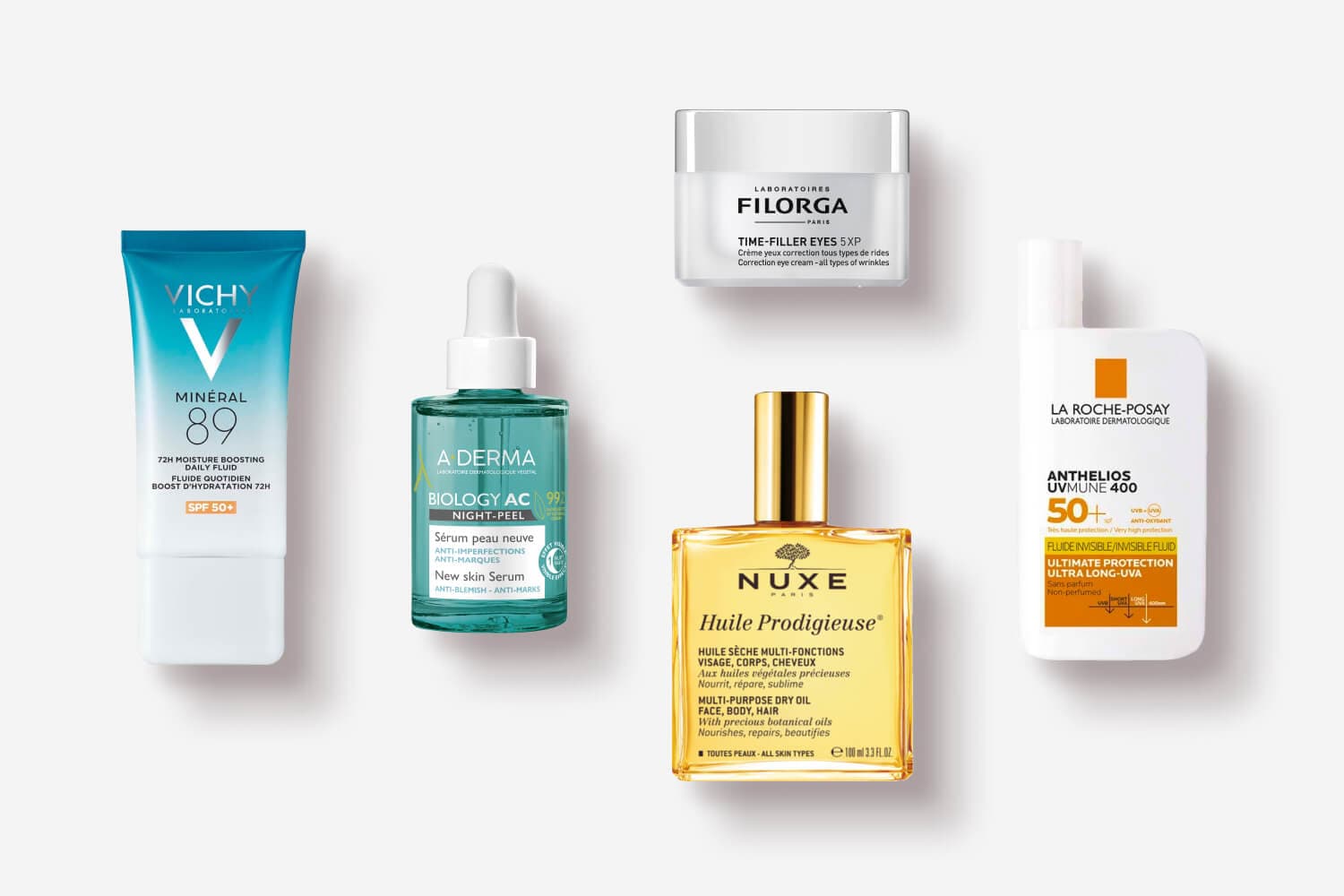 Vichy Minéral 89 SPF 50+, A-Derma Biology AC Night-Peel serum, Filorga Time-Filler Eyes 5XP, Nuxe Huile Prodigieuse and La Roche-Posay Anthelios UVMune 400. Vichy Minéral 89 SPF 50+, A-Derma Biology AC Night-Peel serum, Filorga Time-Filler Eyes 5XP, Nuxe Huile Prodigieuse and La Roche-Posay Anthelios UVMune 400.