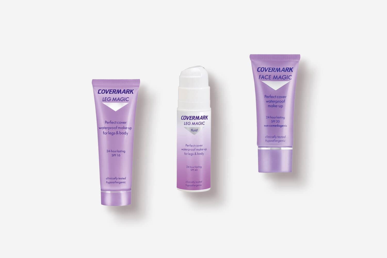 Covermark Leg Magic SPF 16 tube, Leg Magic Fluid SPF 40 pump bottle and Face Magic SPF 20 tube in purple packaging Covermark Leg Magic SPF 16 tube, Leg Magic Fluid SPF 40 pump bottle and Face Magic SPF 20 tube in purple packaging