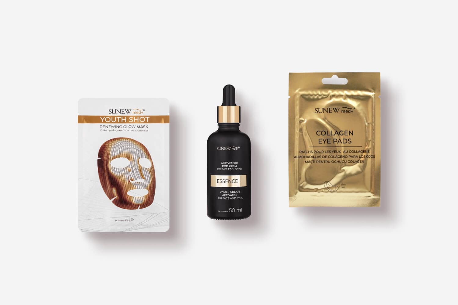 SunewMed+ Youth Shot Renewing Glow Mask, Essence+ Under Cream Activator 50 ml dropper bottle and gold Collagen Eye Pads sachet. SunewMed+ Youth Shot Renewing Glow Mask, Essence+ Under Cream Activator 50 ml dropper bottle and gold Collagen Eye Pads sachet.