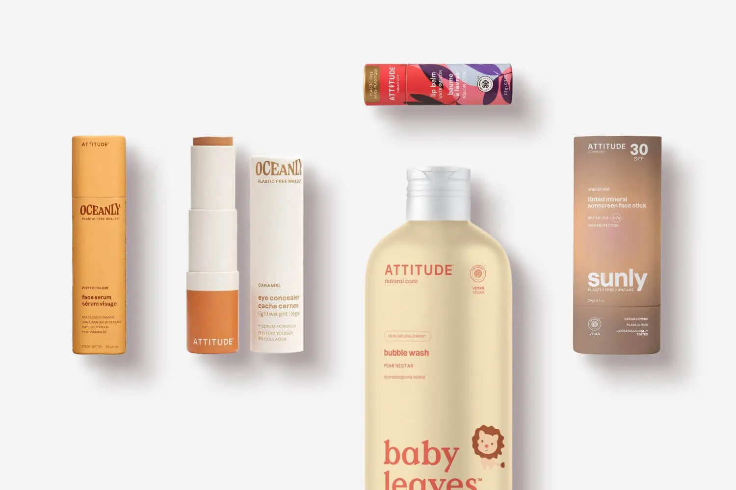 ATTITUDE Oceanly Phyto-Glow face serum, Caramel eye concealer, Watermelon lip balm, Sunly SPF 30 tinted face stick, Baby Leaves Pear Nectar bubble wash. ATTITUDE Oceanly Phyto-Glow face serum, Caramel eye concealer, Watermelon lip balm, Sunly SPF 30 tinted face stick, Baby Leaves Pear Nectar bubble wash.