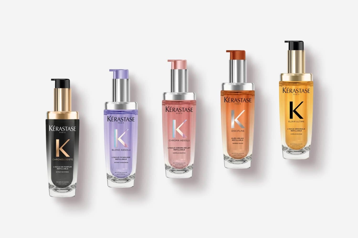 Five refillable Kérastase hair oils in a row: Chronologiste, Blond Absolu Cicagloss, Chroma Absolu, Discipline Oléo-Relax and Elixir Ultime. Five refillable Kérastase hair oils in a row: Chronologiste, Blond Absolu Cicagloss, Chroma Absolu, Discipline Oléo-Relax and Elixir Ultime.